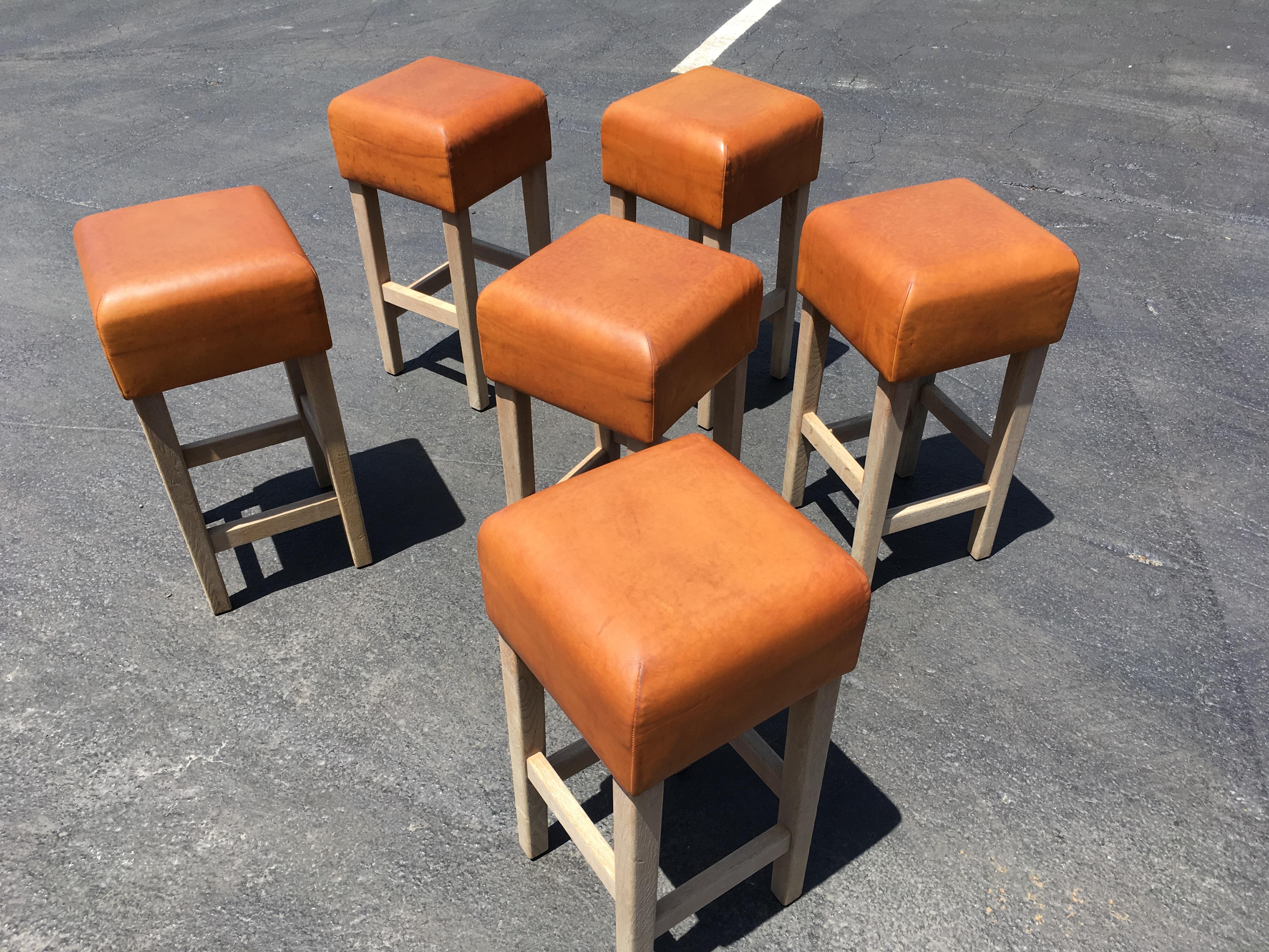 Oak and Cognac Leather Bar Stools in the Style of Jean-Michel Frank 4
