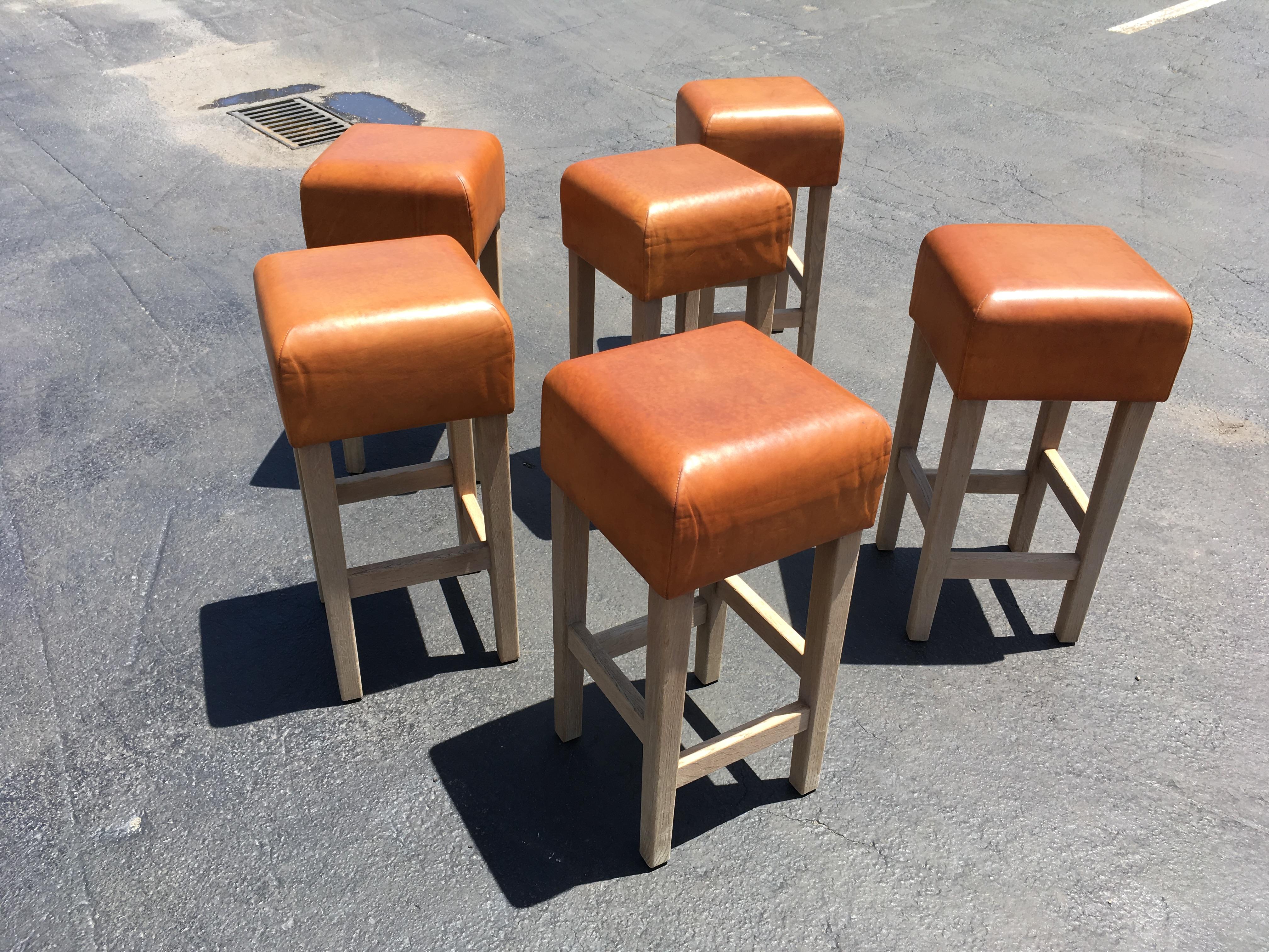 Oak and Cognac Leather Bar Stools in the Style of Jean-Michel Frank 6