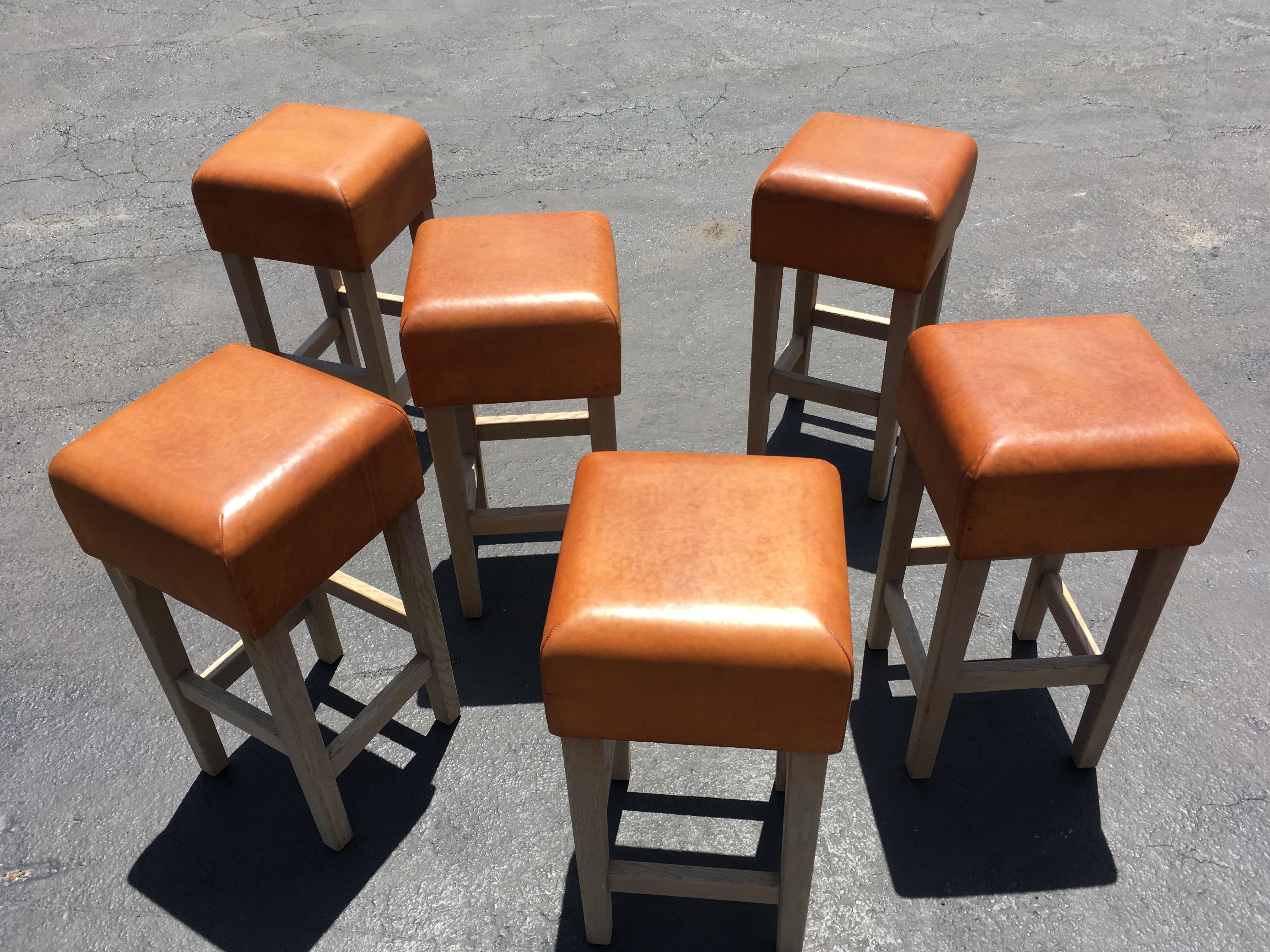 Oak and Cognac Leather Bar Stools in the Style of Jean-Michel Frank 7