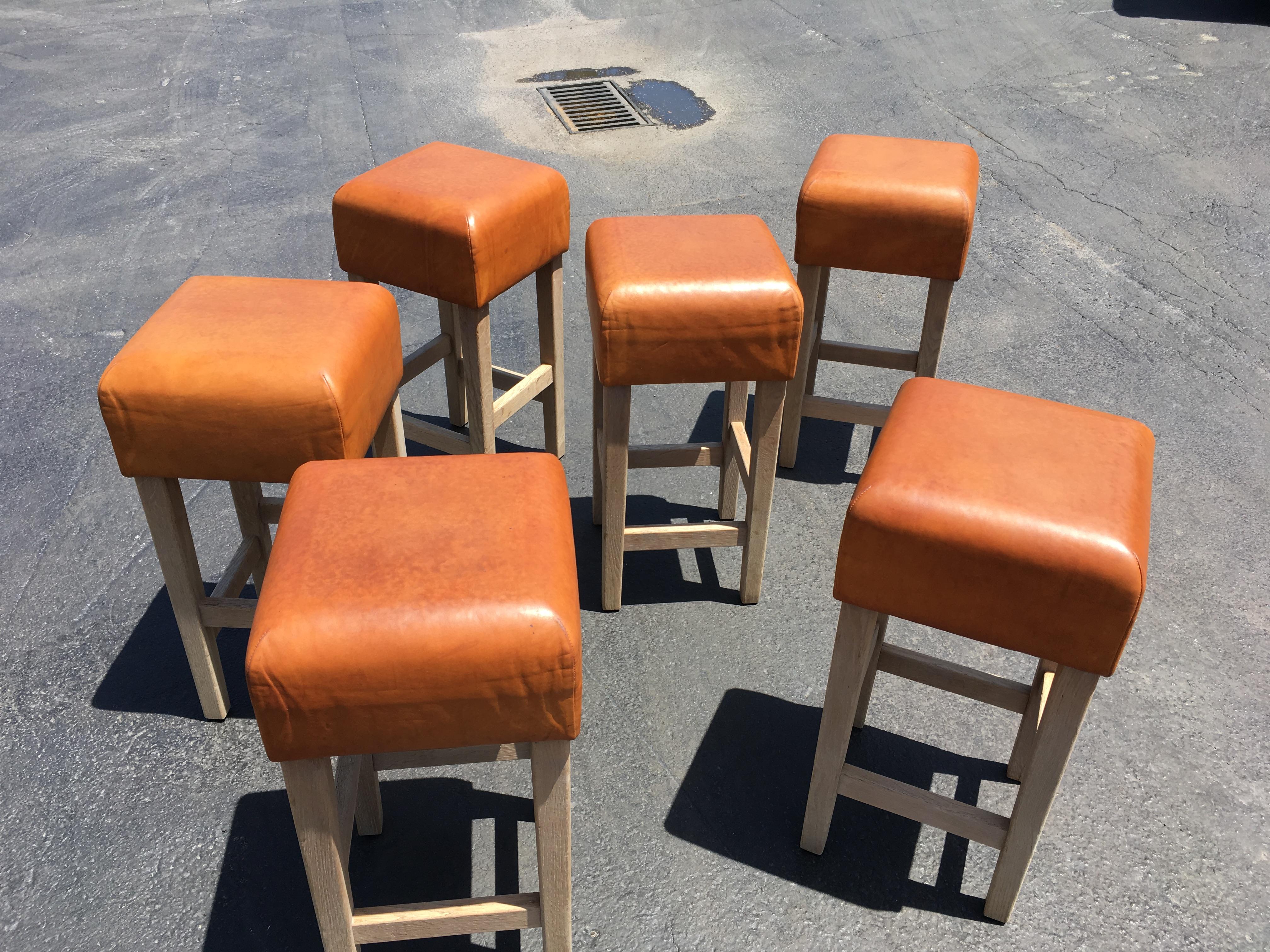 Oak and Cognac Leather Bar Stools in the Style of Jean-Michel Frank 8