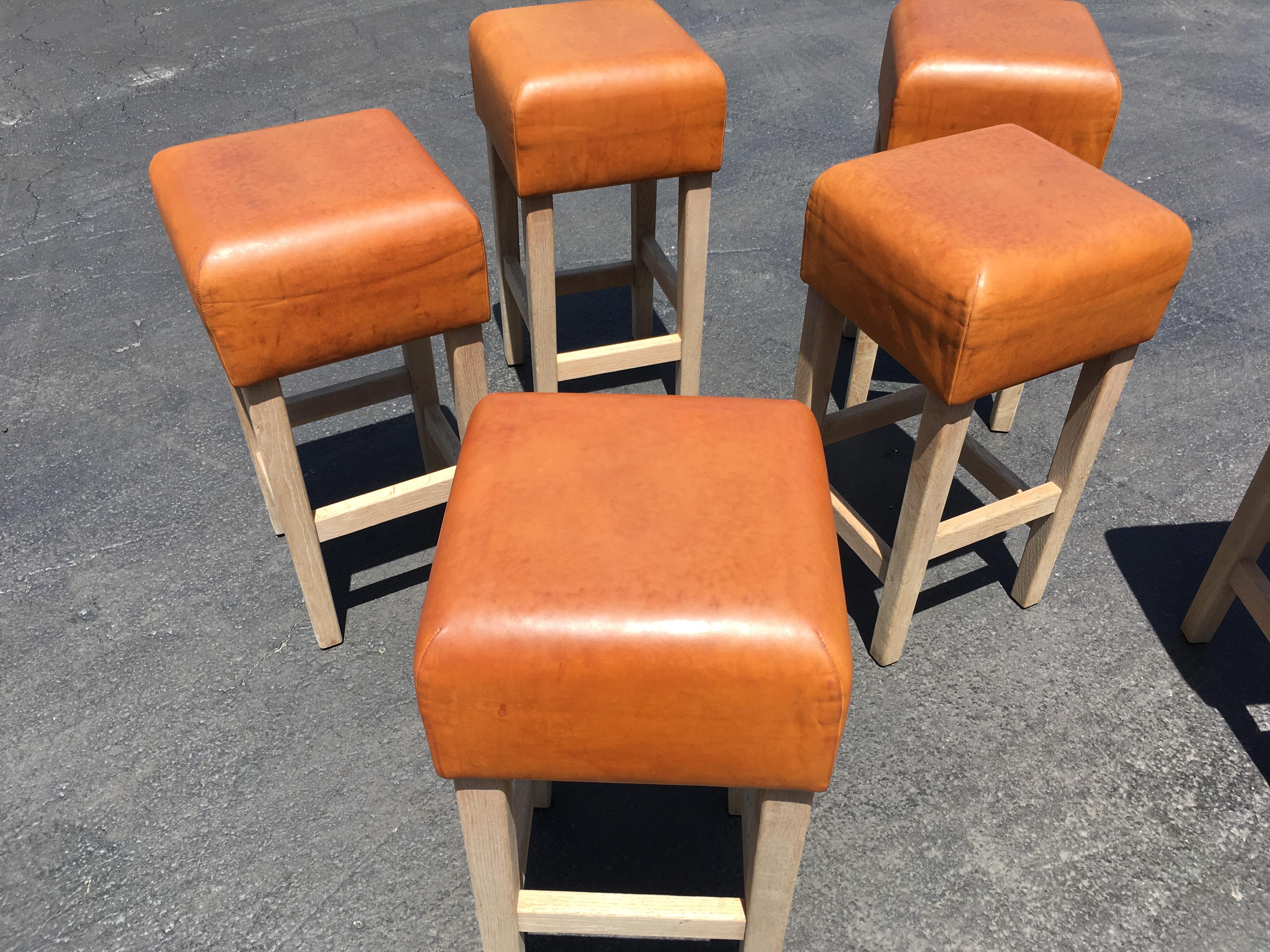 Oak and Cognac Leather Bar Stools in the Style of Jean-Michel Frank 9