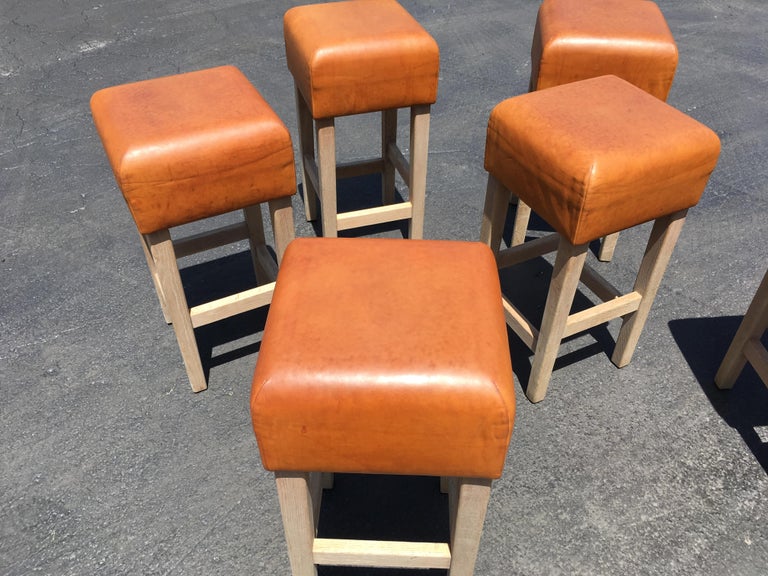 Oak and Cognac Leather Bar Stools in the Style of JeanMichel Frank at