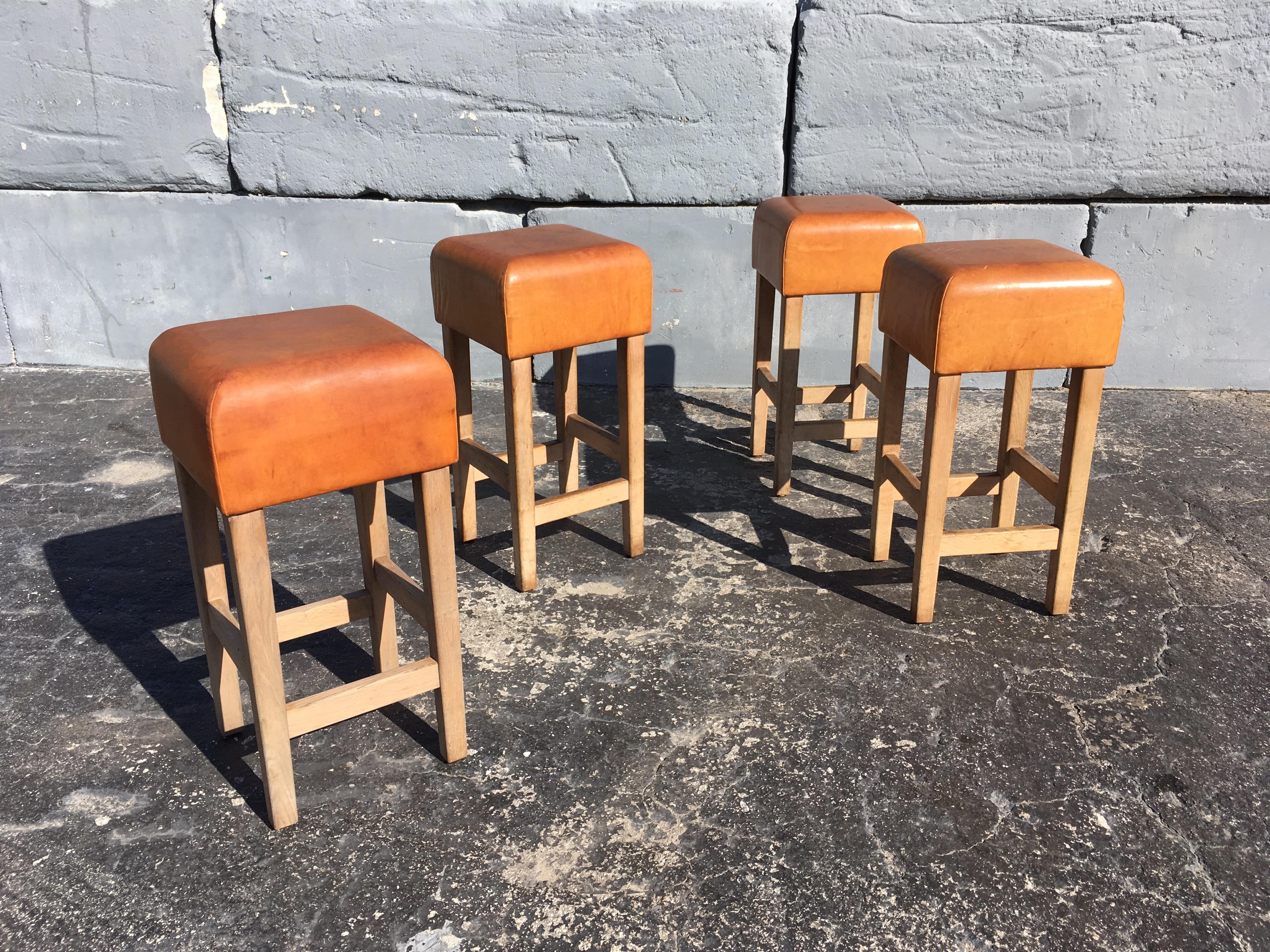 Modern Oak and Cognac Saddle Leather Bar Stools in the Style of Jean-Michel Frank