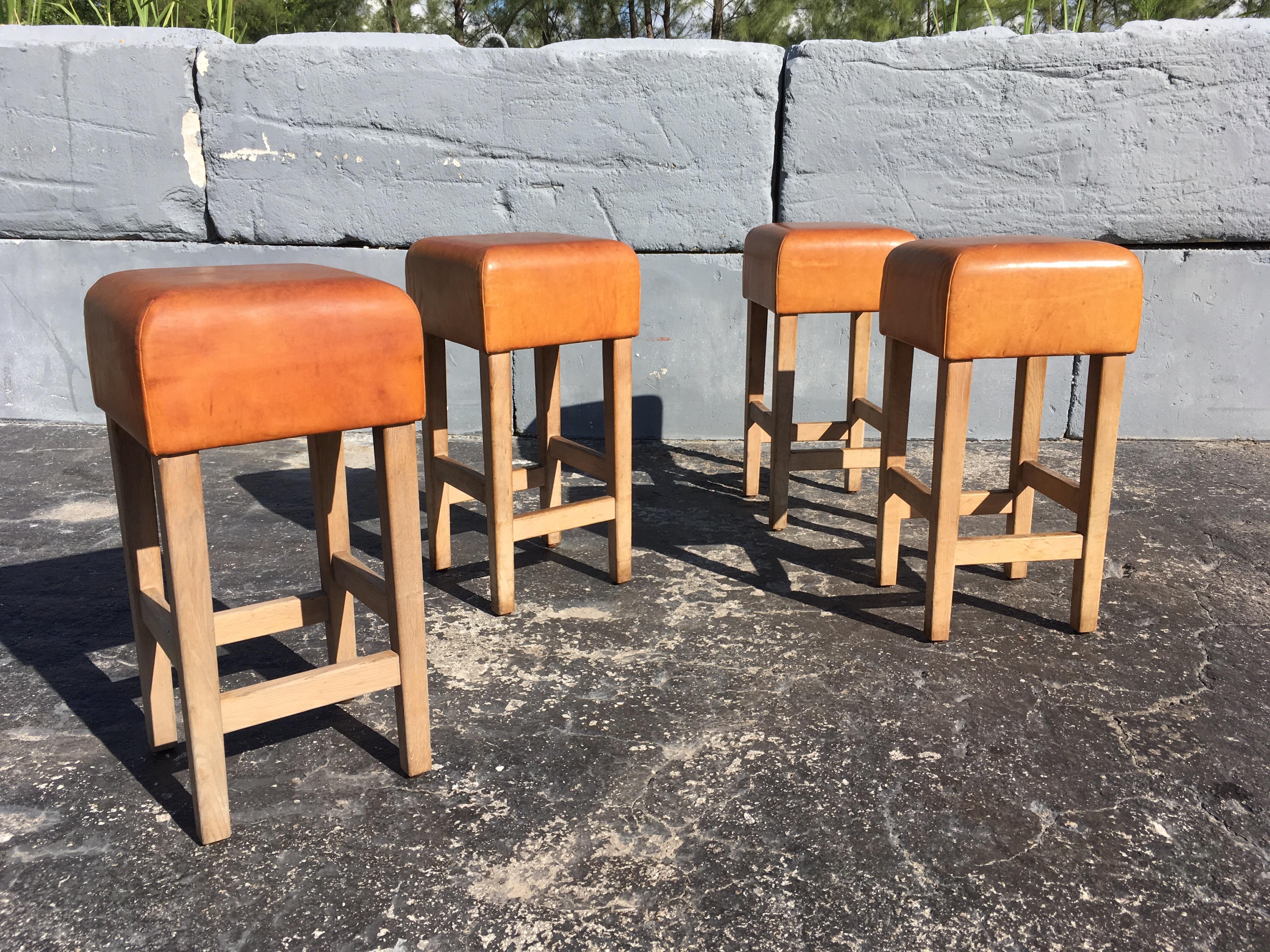 Italian Oak and Cognac Saddle Leather Bar Stools in the Style of Jean-Michel Frank