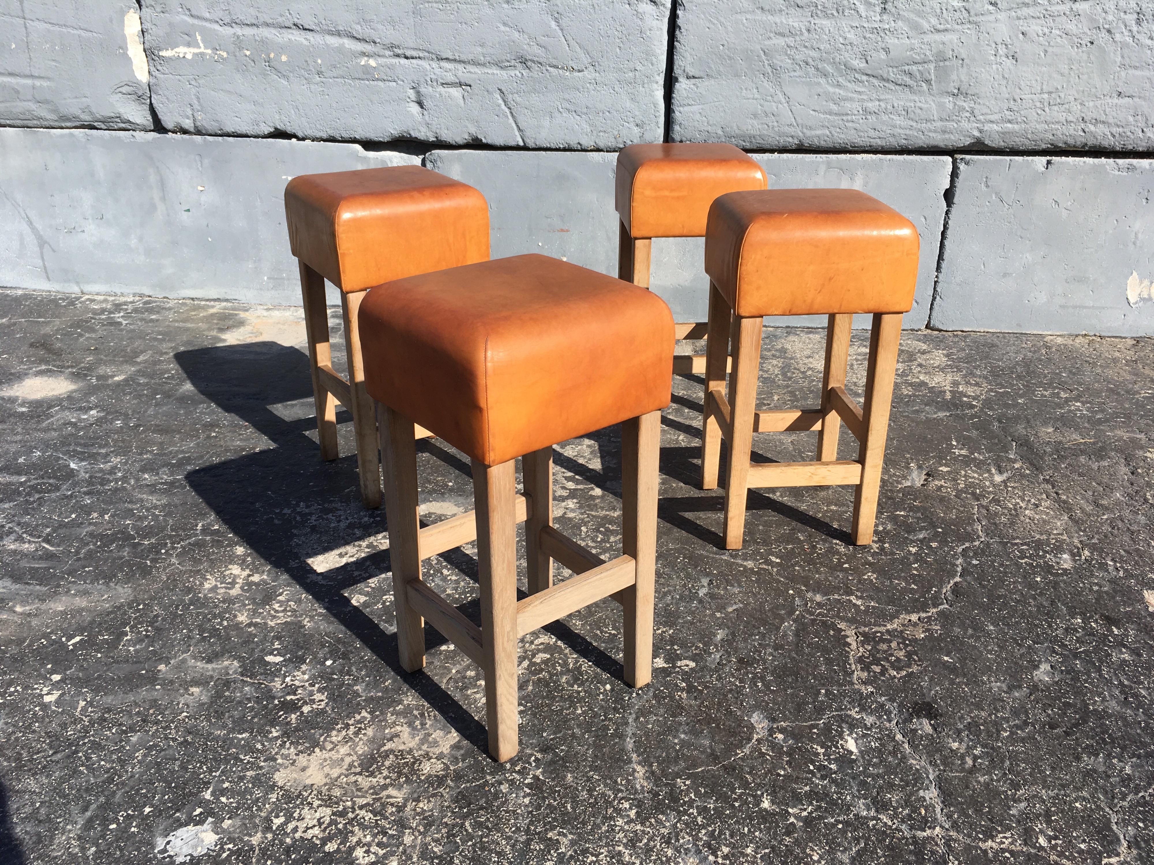 Modern Oak and Cognac Leather Bar Stools in the Style of Jean-Michel Frank