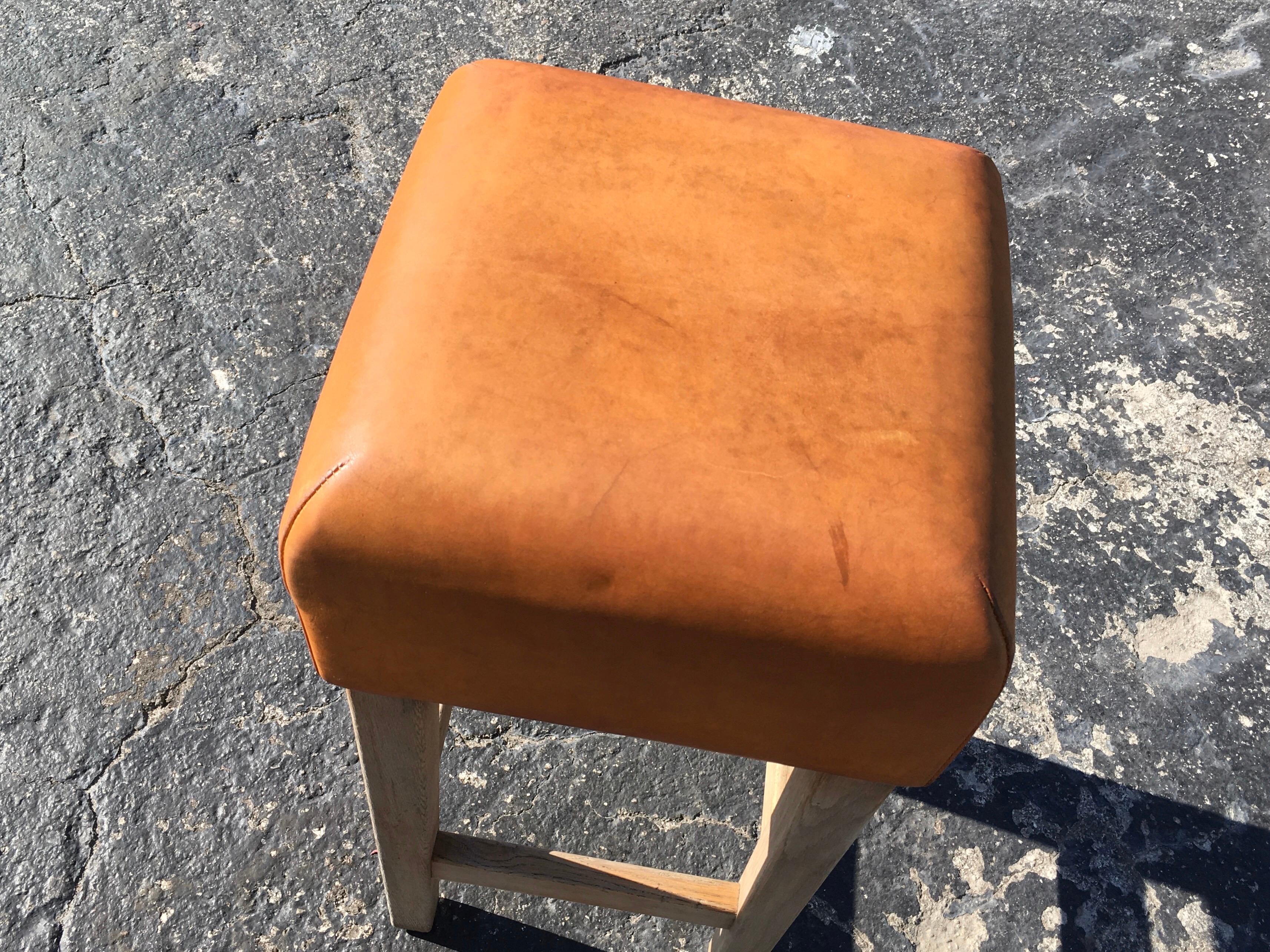 Italian Oak and Cognac Leather Bar Stools in the Style of Jean-Michel Frank