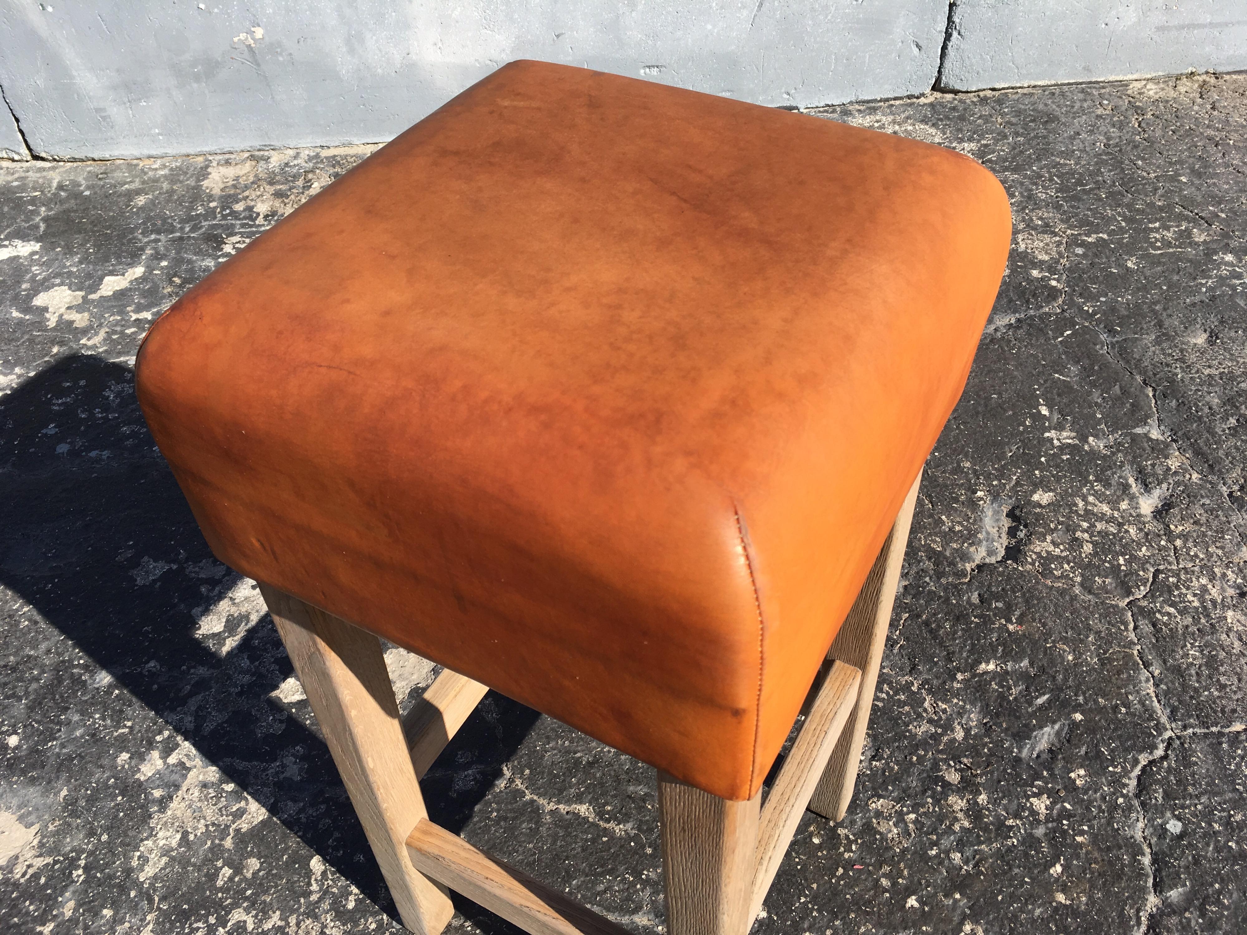 Oak and Cognac Saddle Leather Bar Stools in the Style of Jean-Michel Frank 1