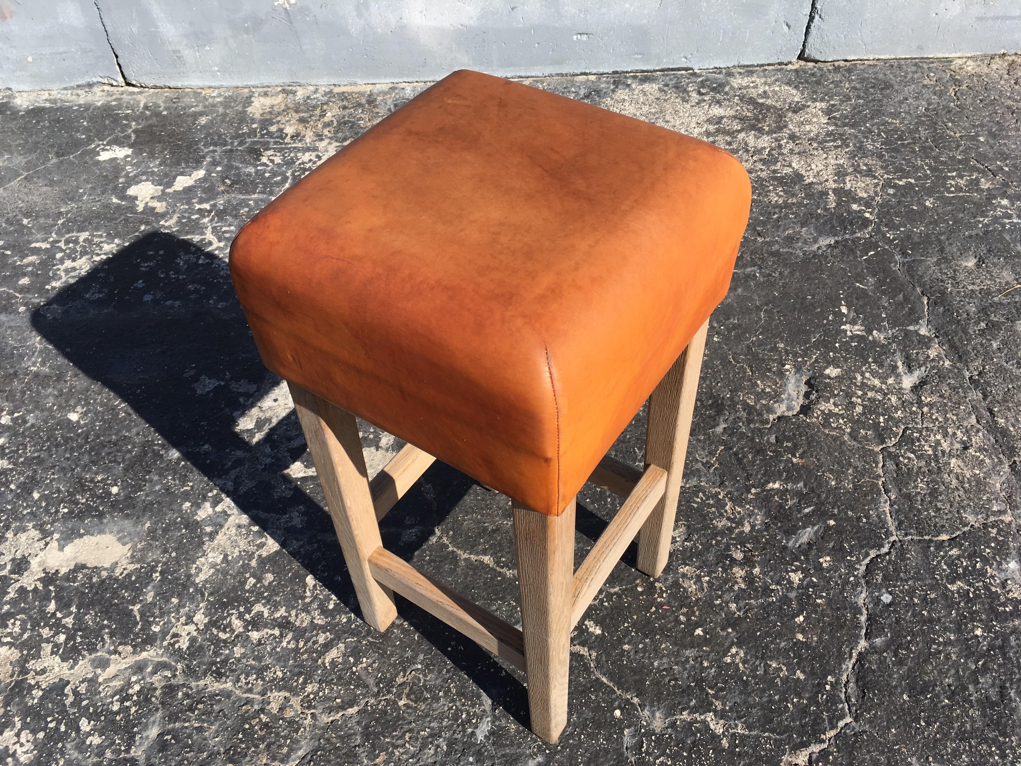 Oak and Cognac Saddle Leather Bar Stools in the Style of Jean-Michel Frank 2