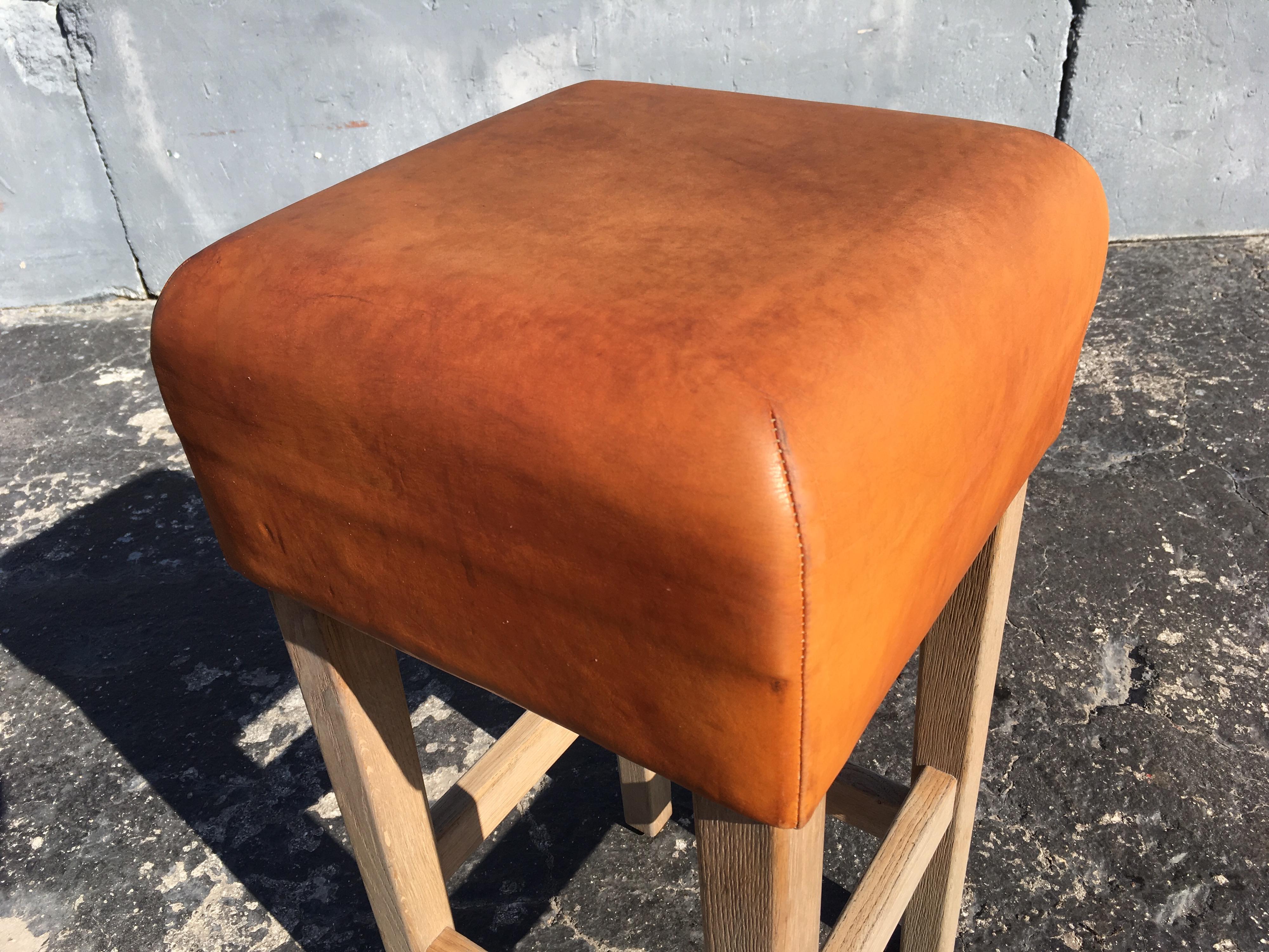 Late 20th Century Oak and Cognac Leather Bar Stools in the Style of Jean-Michel Frank