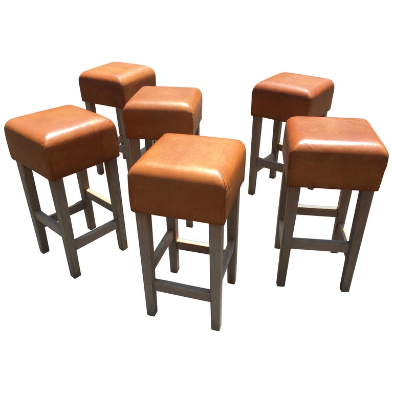 Oak And Cognac Leather Bar Stools In, How To Recover Bar Stools With Leather