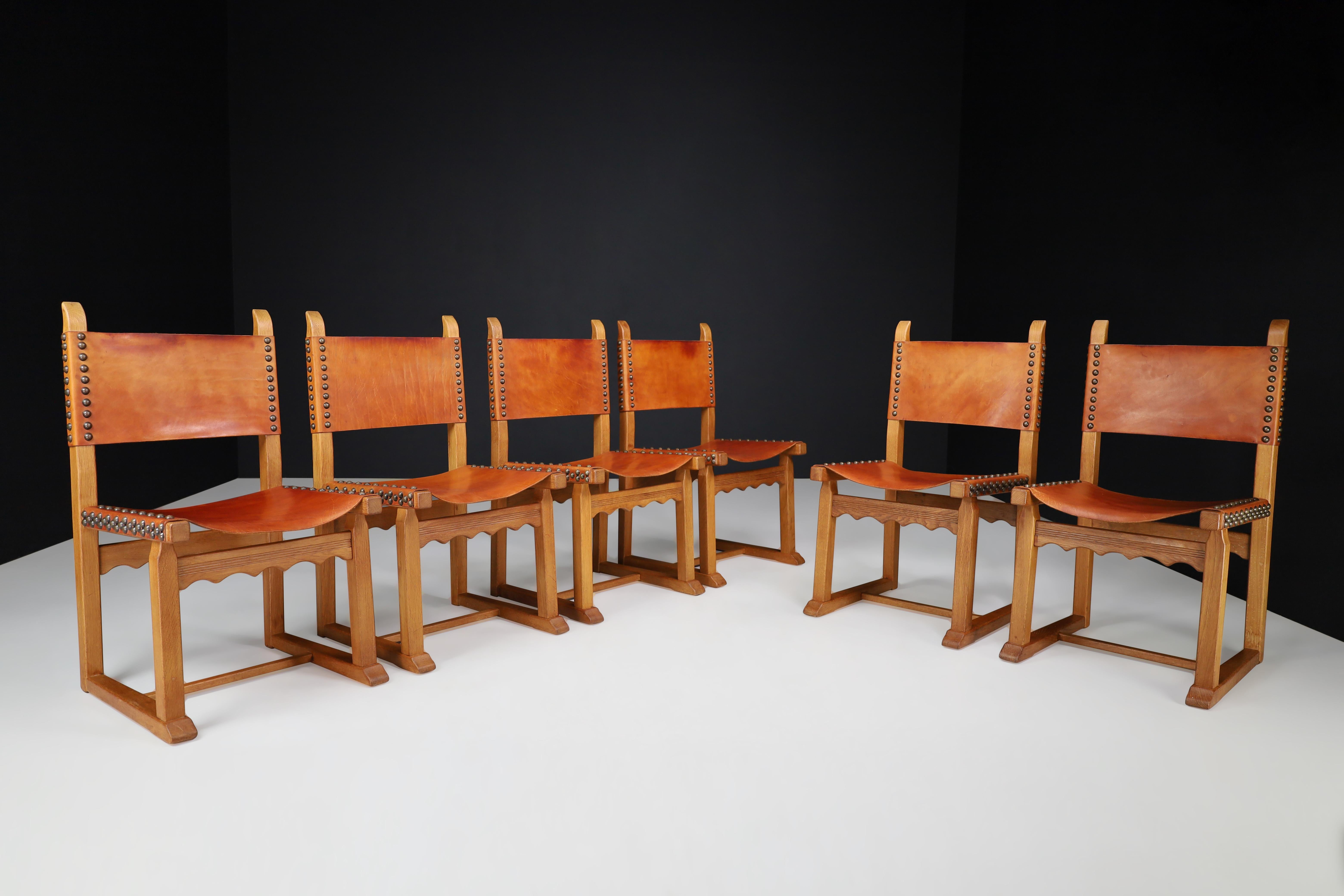 Oak and Cognac Leather Dining Chairs, France, 1960s For Sale 4