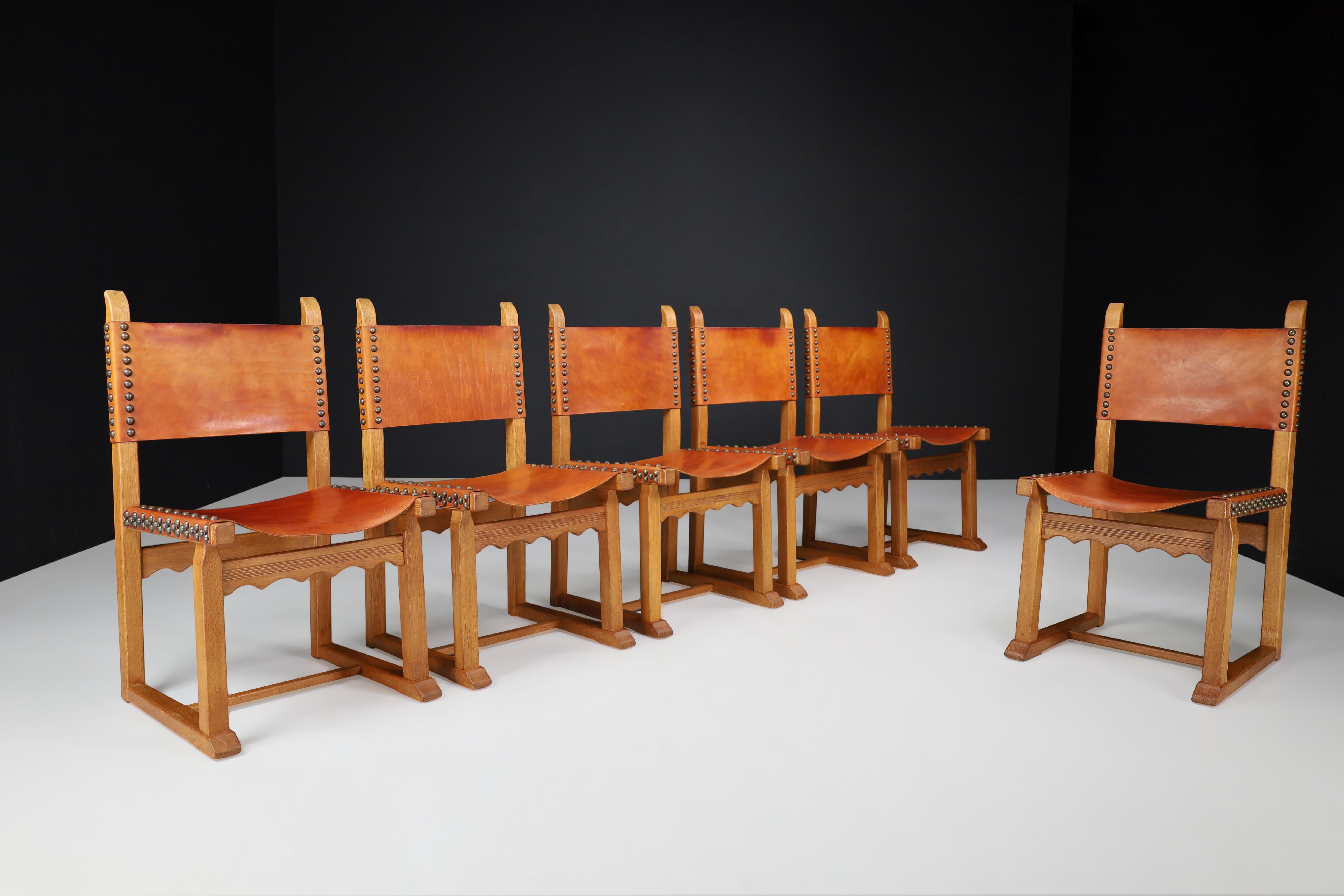 Oak and Cognac Leather Dining Chairs, France, 1960s For Sale 5
