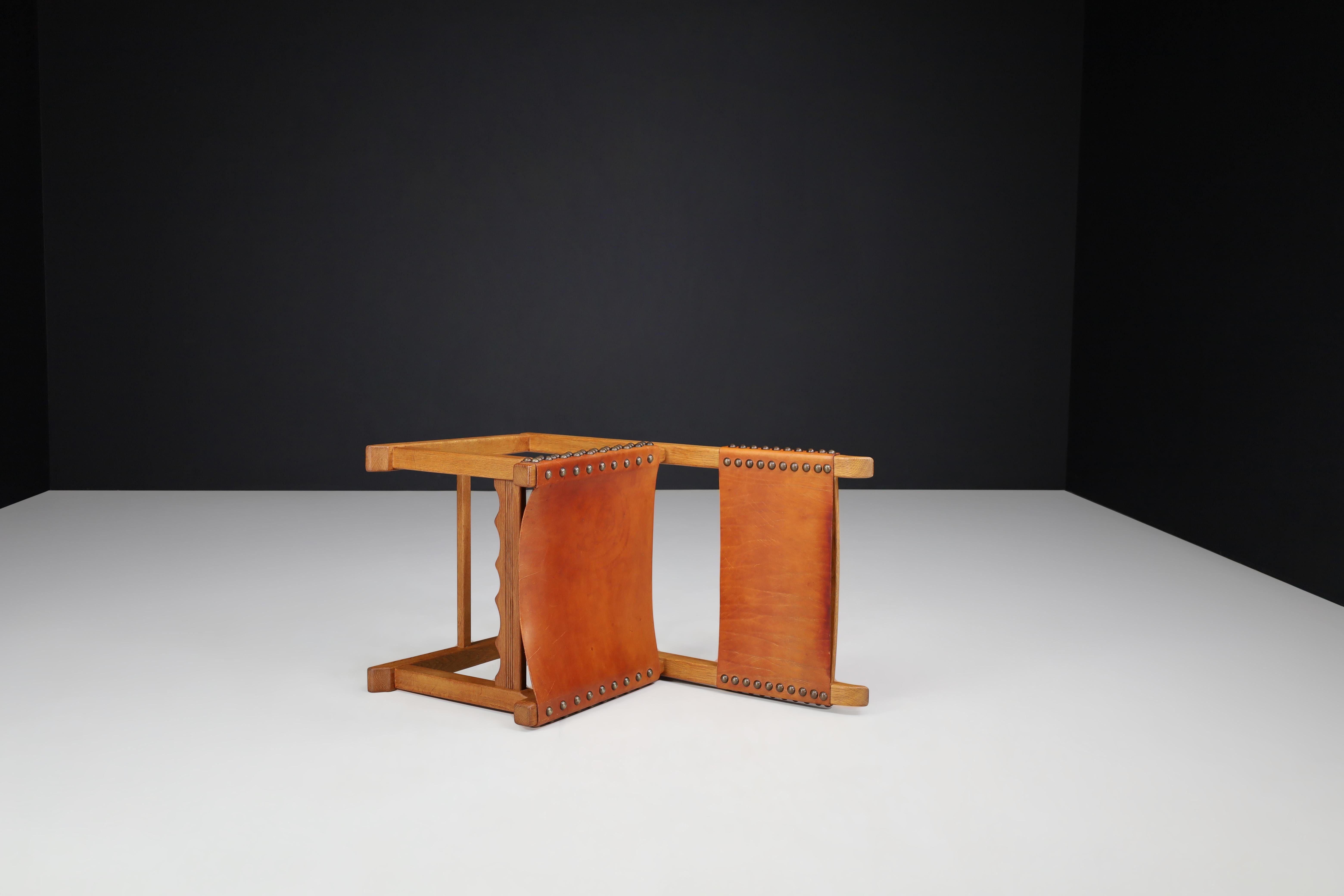 Oak and Cognac Leather Dining Chairs, France, 1960s For Sale 1