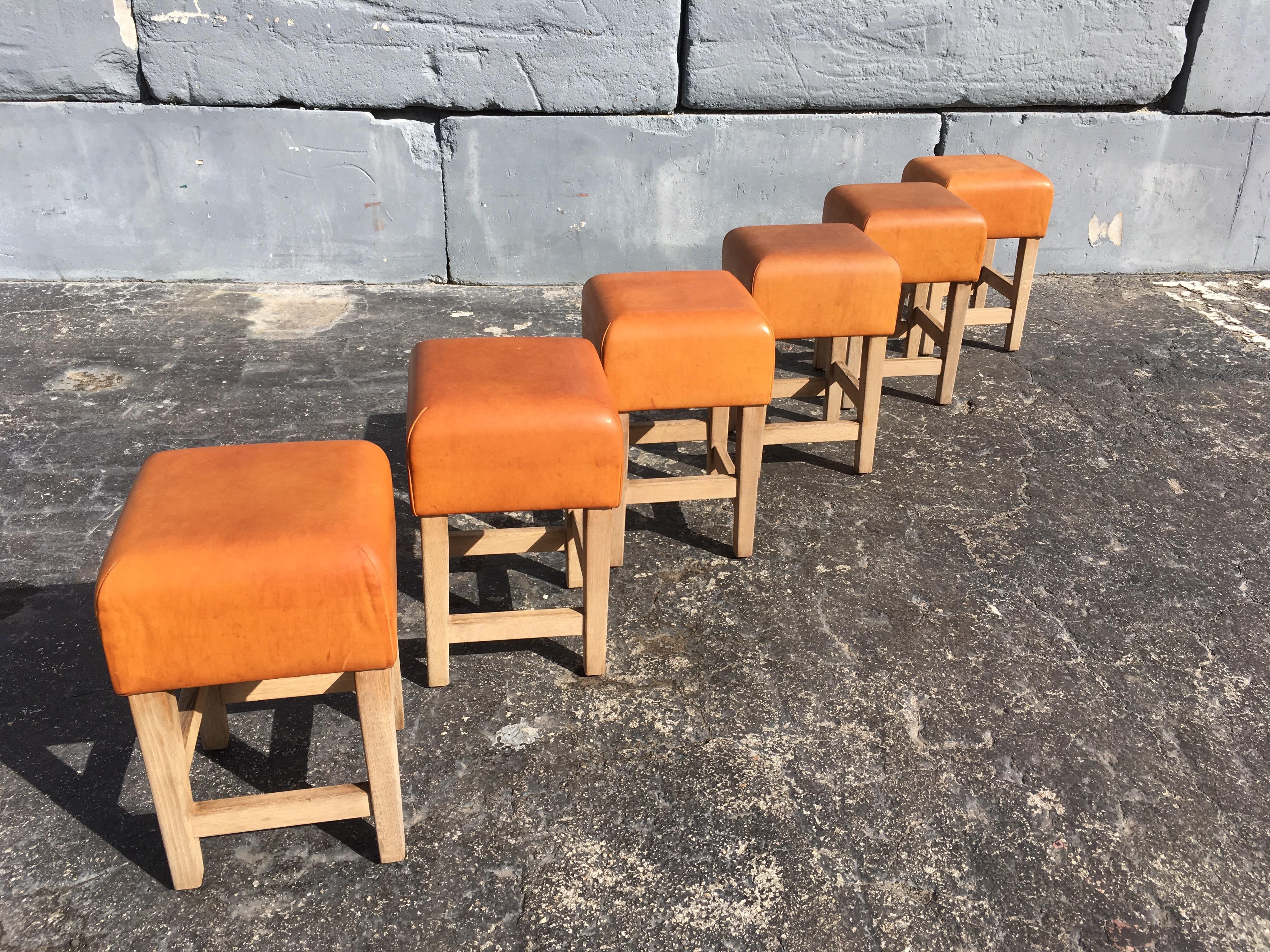 Oak and Cognac Saddle Leather Stools or Chairs in the Style of Jean-Michel Frank 3