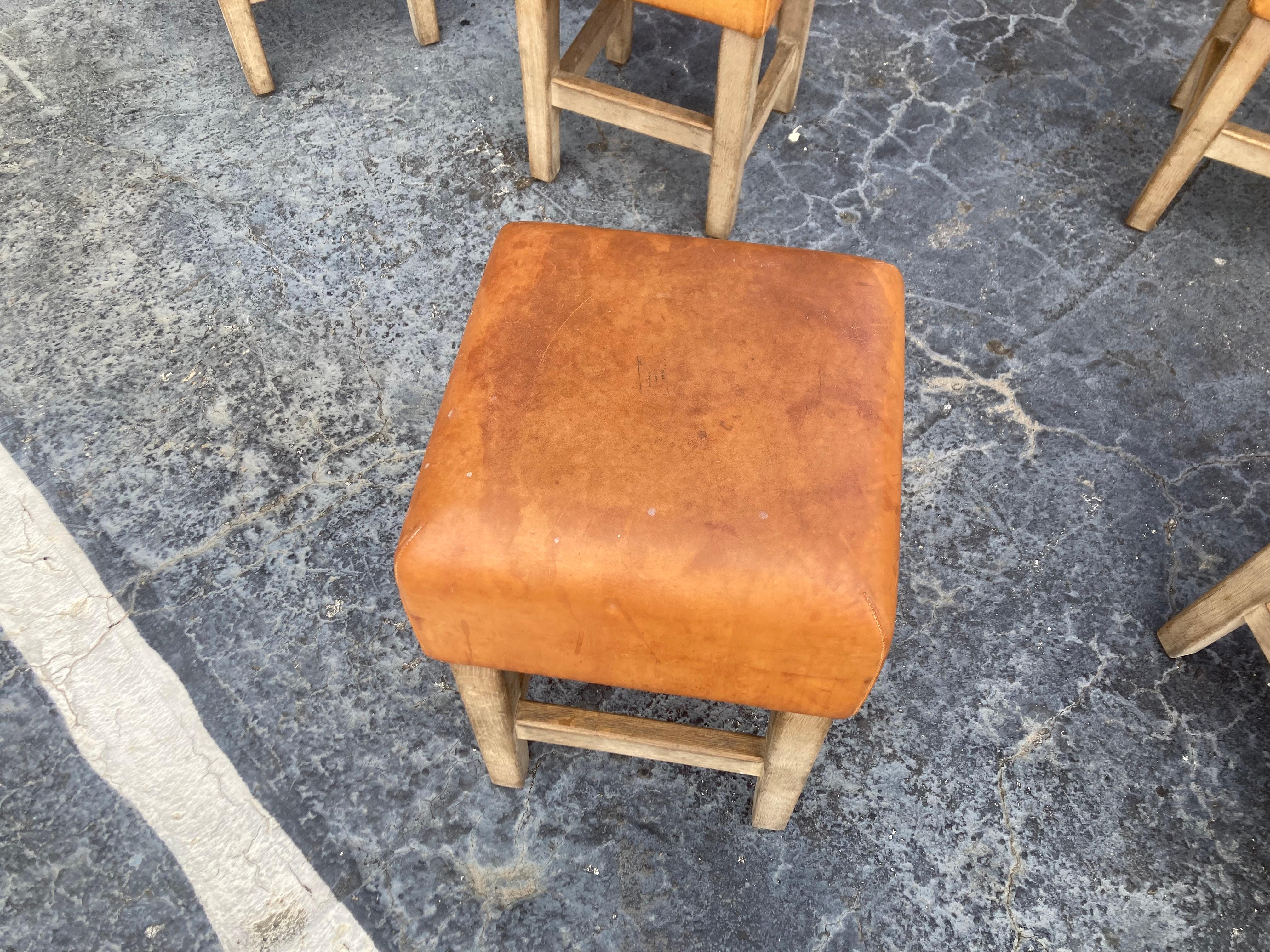 Oak and Cognac Leather Stools or Chairs in the Style of Jean-Michel Frank 4