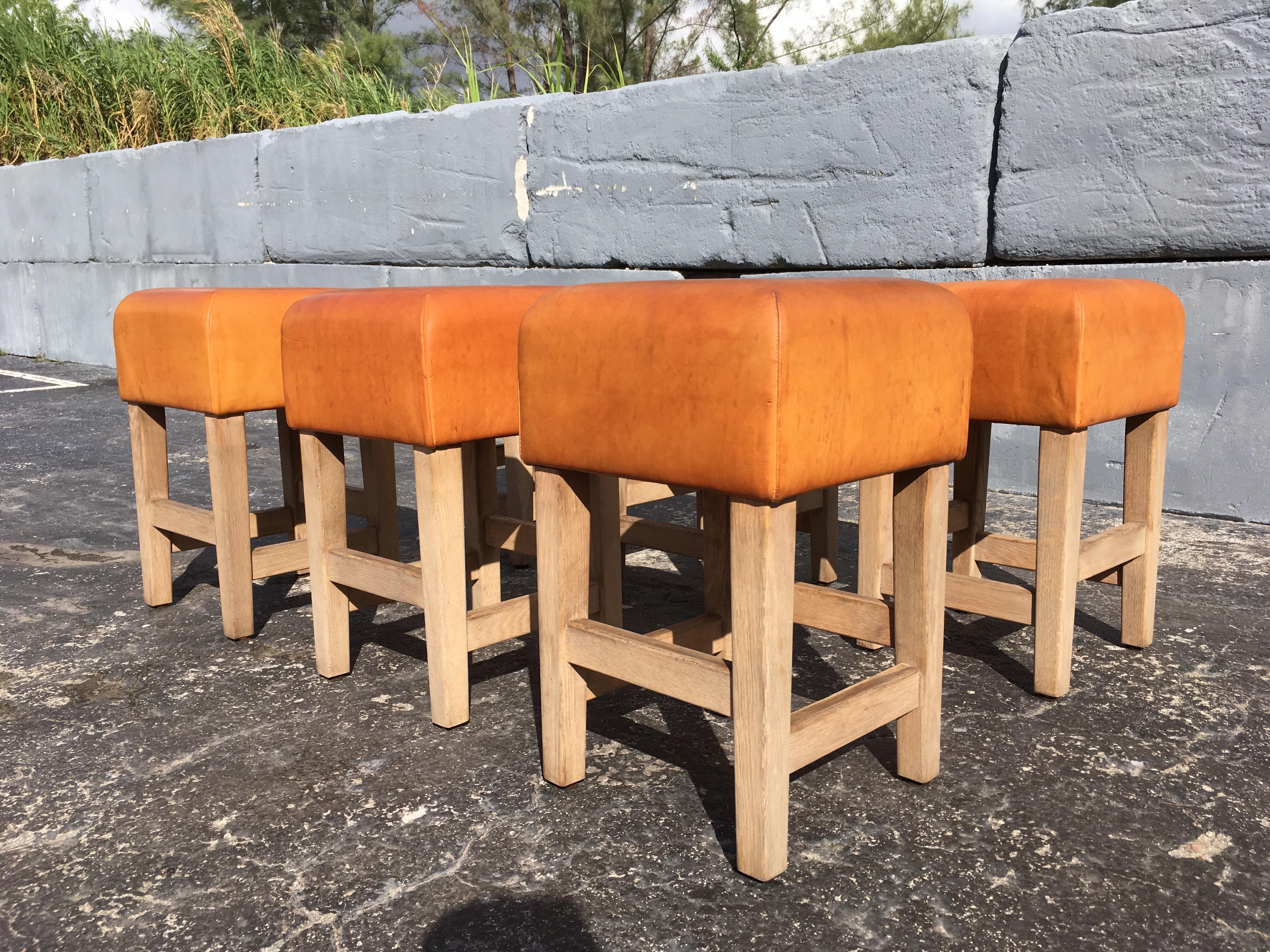 Oak and Cognac Saddle Leather Stools or Chairs in the Style of Jean-Michel Frank 4
