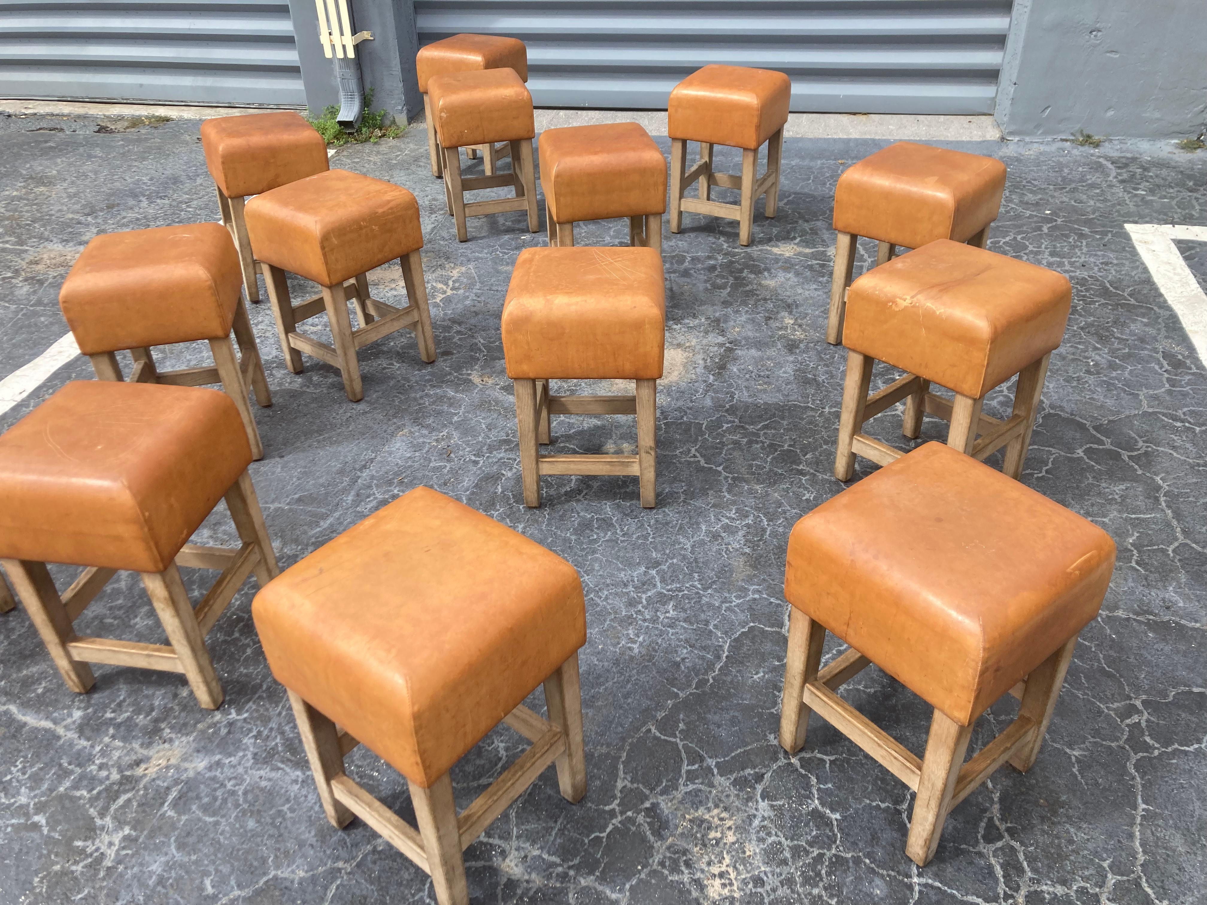Oak and Cognac Leather Stools or Chairs in the Style of Jean-Michel Frank 5