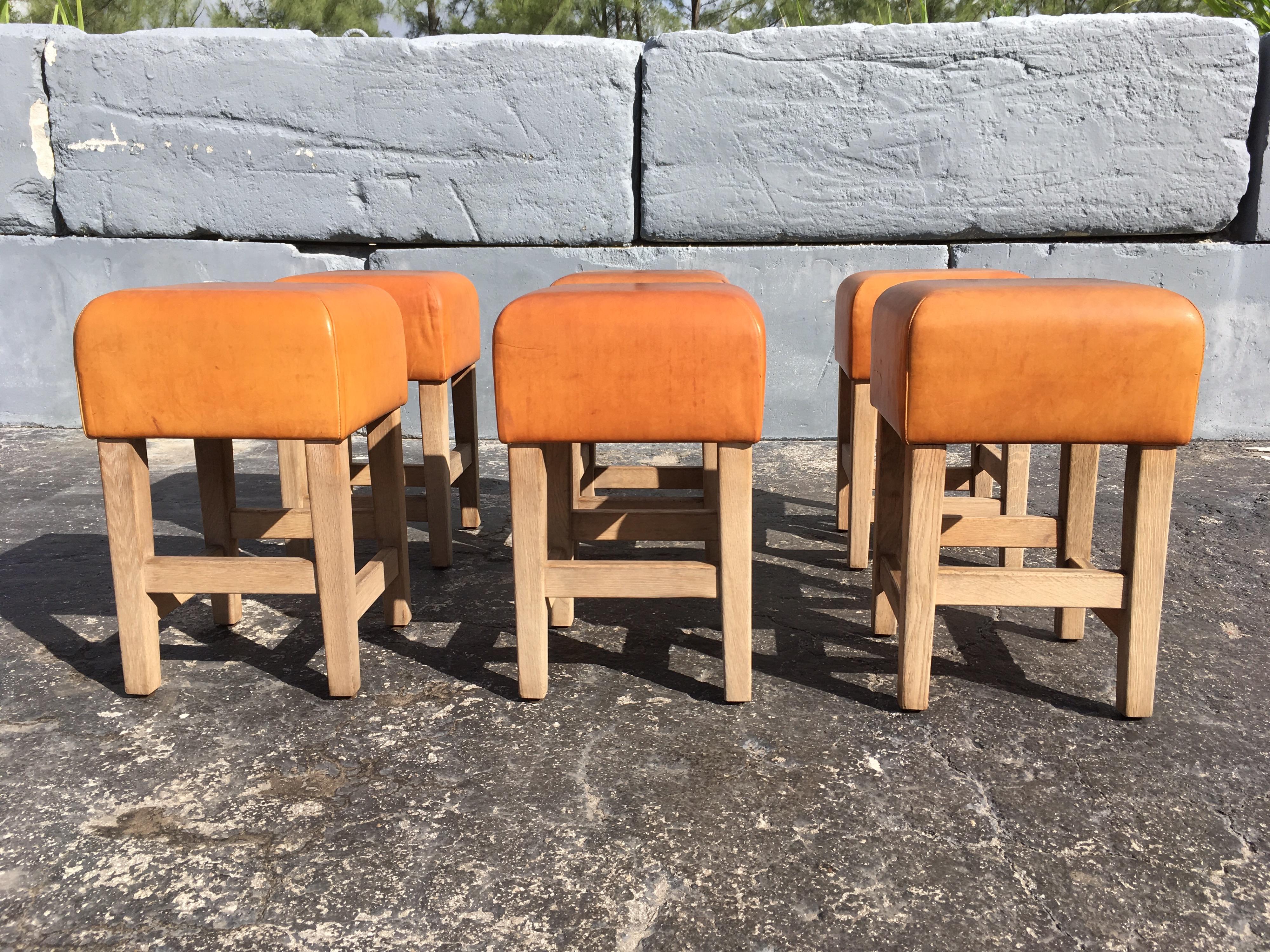 Oak and Cognac Saddle Leather Stools or Chairs in the Style of Jean-Michel Frank 5