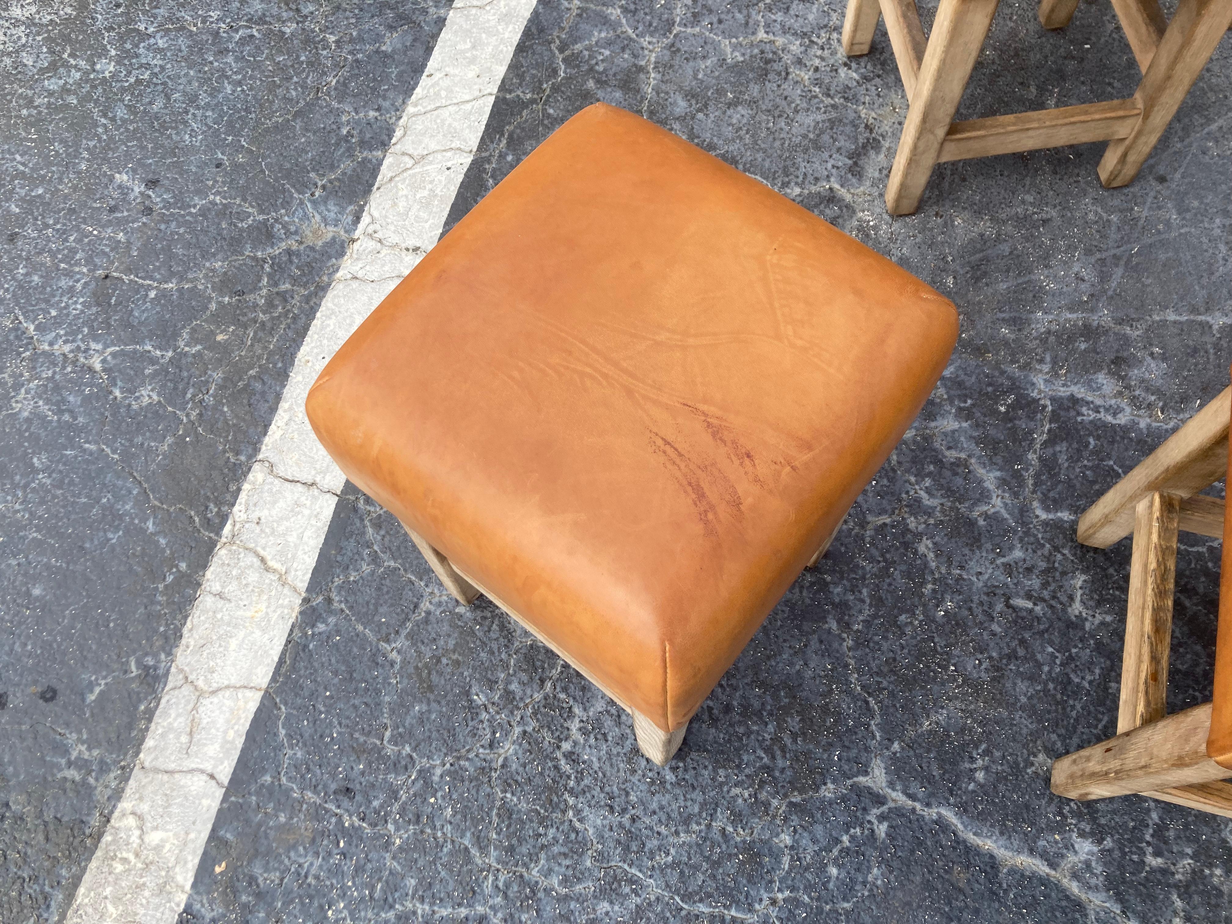 Oak and Cognac Leather Stools or Chairs in the Style of Jean-Michel Frank 7