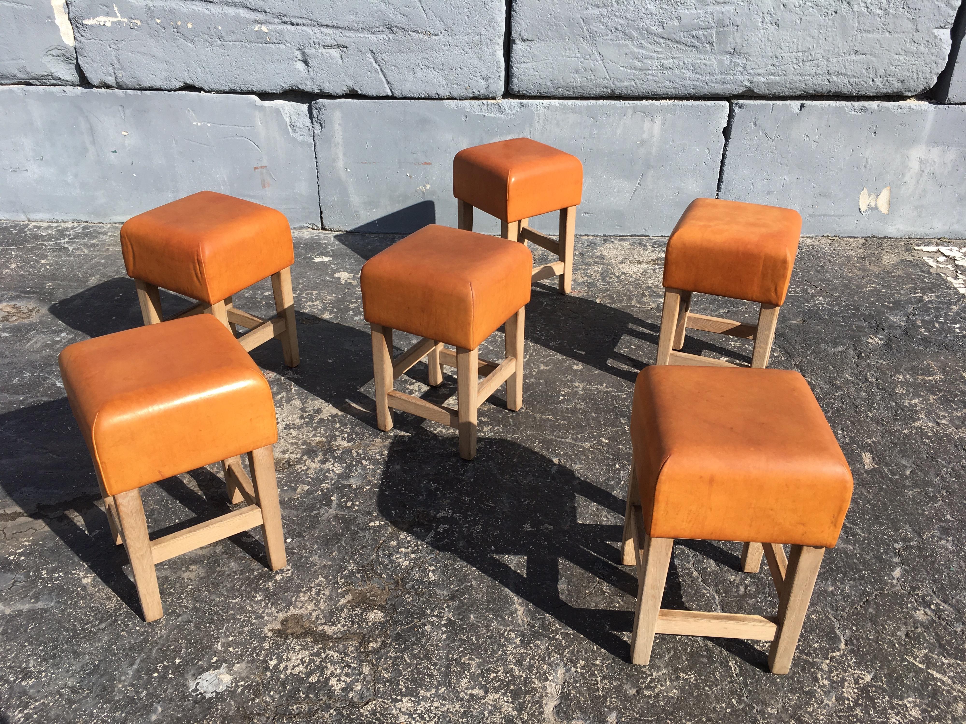 Oak and Cognac Saddle Leather Stools or Chairs in the Style of Jean-Michel Frank 7