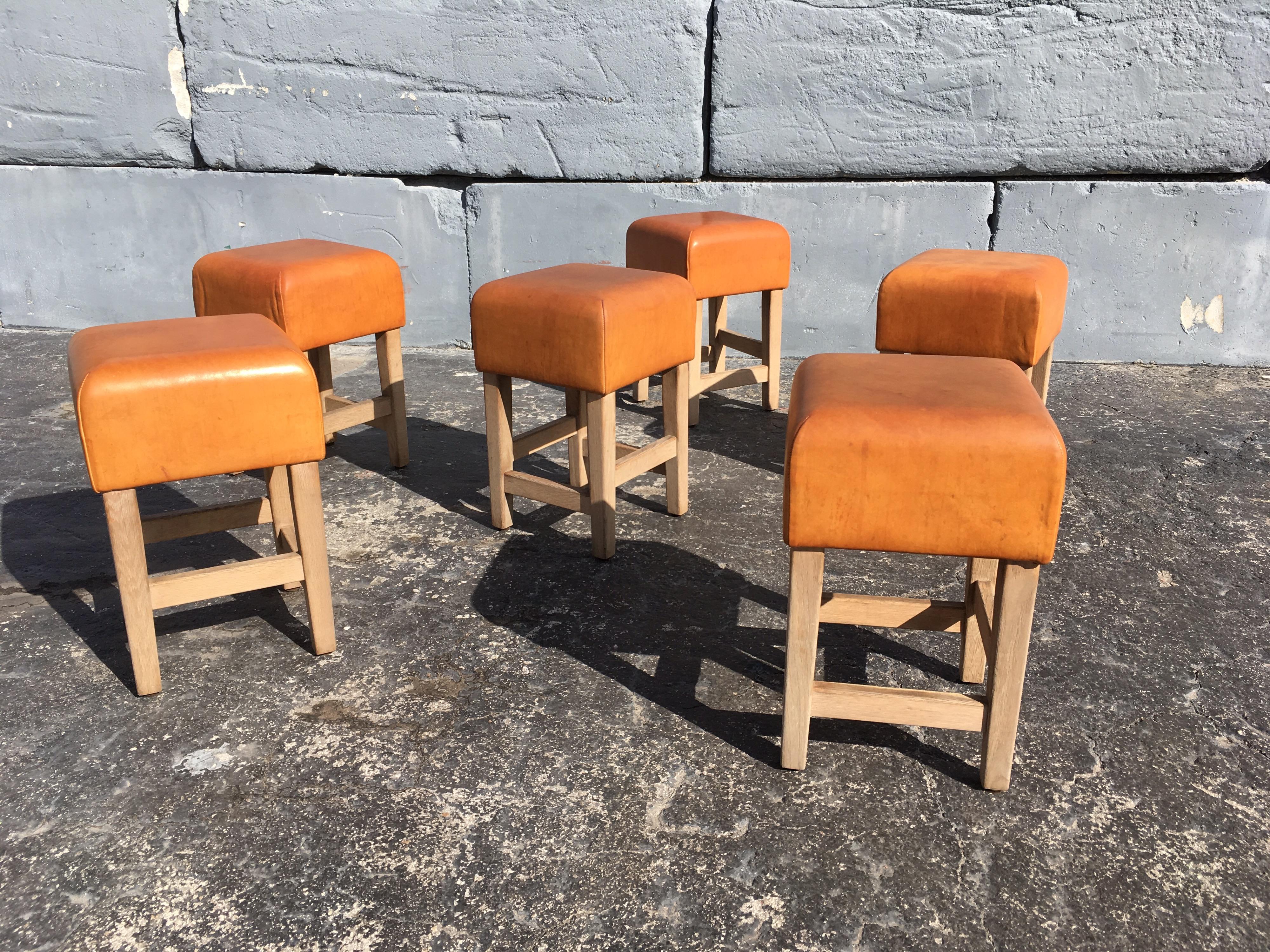 Oak and Cognac Saddle Leather Stools or Chairs in the Style of Jean-Michel Frank 8