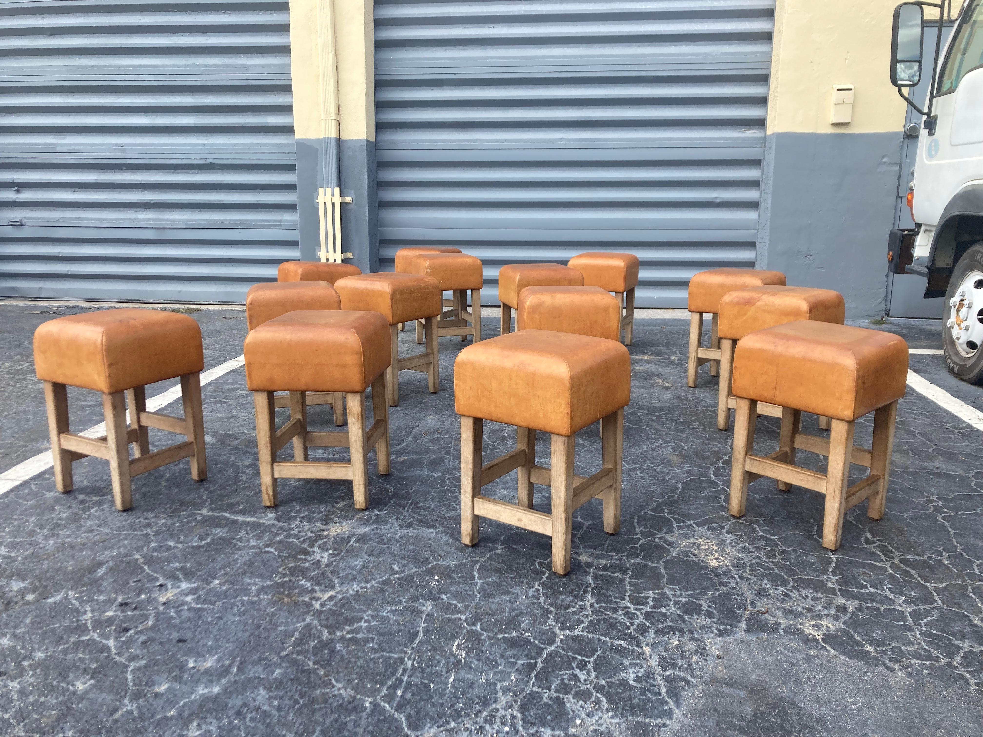 Oak and Cognac Leather Stools or Chairs in the Style of Jean-Michel Frank 9