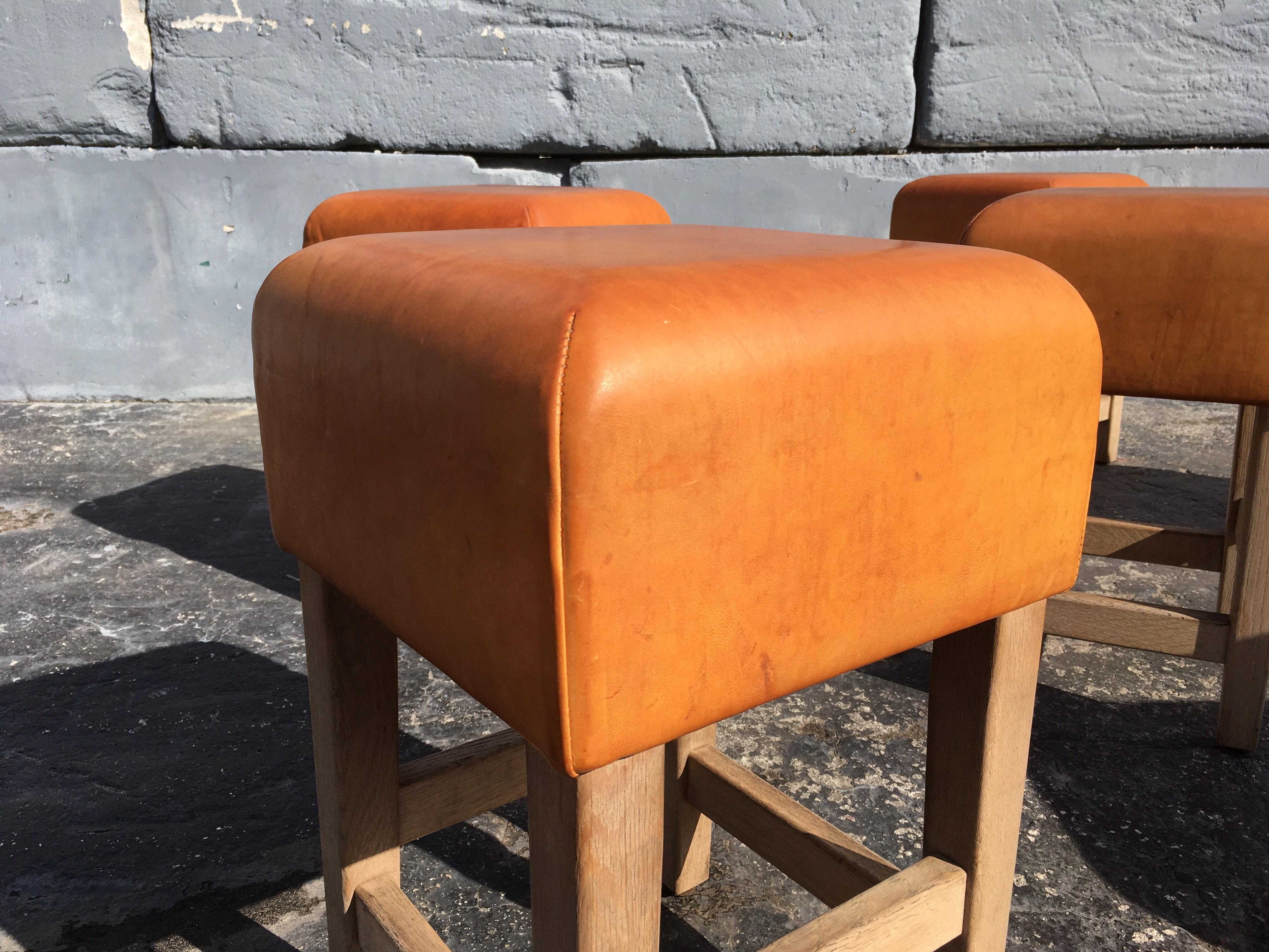Oak and Cognac Saddle Leather Stools or Chairs in the Style of Jean-Michel Frank 9