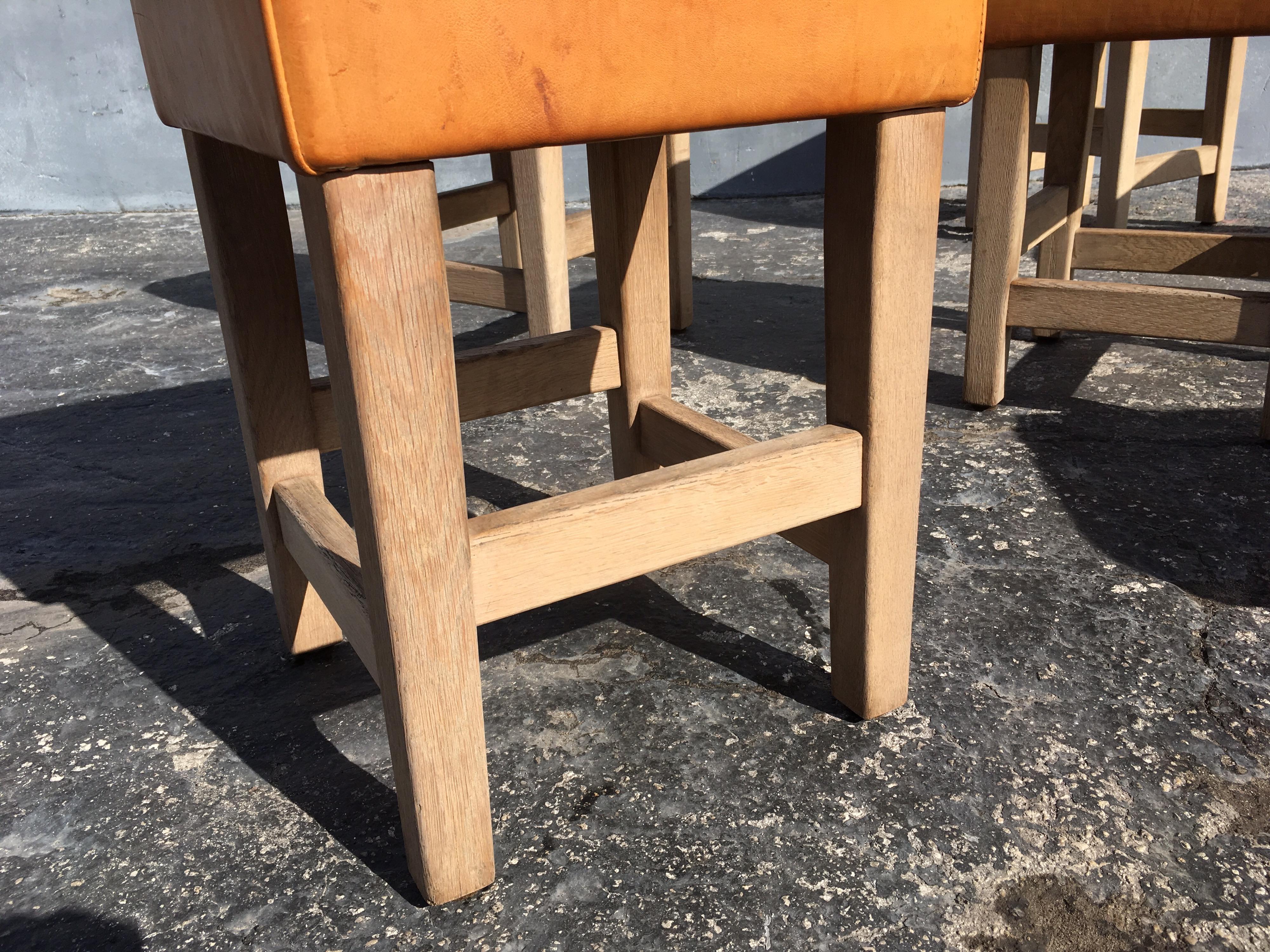 Oak and Cognac Saddle Leather Stools or Chairs in the Style of Jean-Michel Frank 10