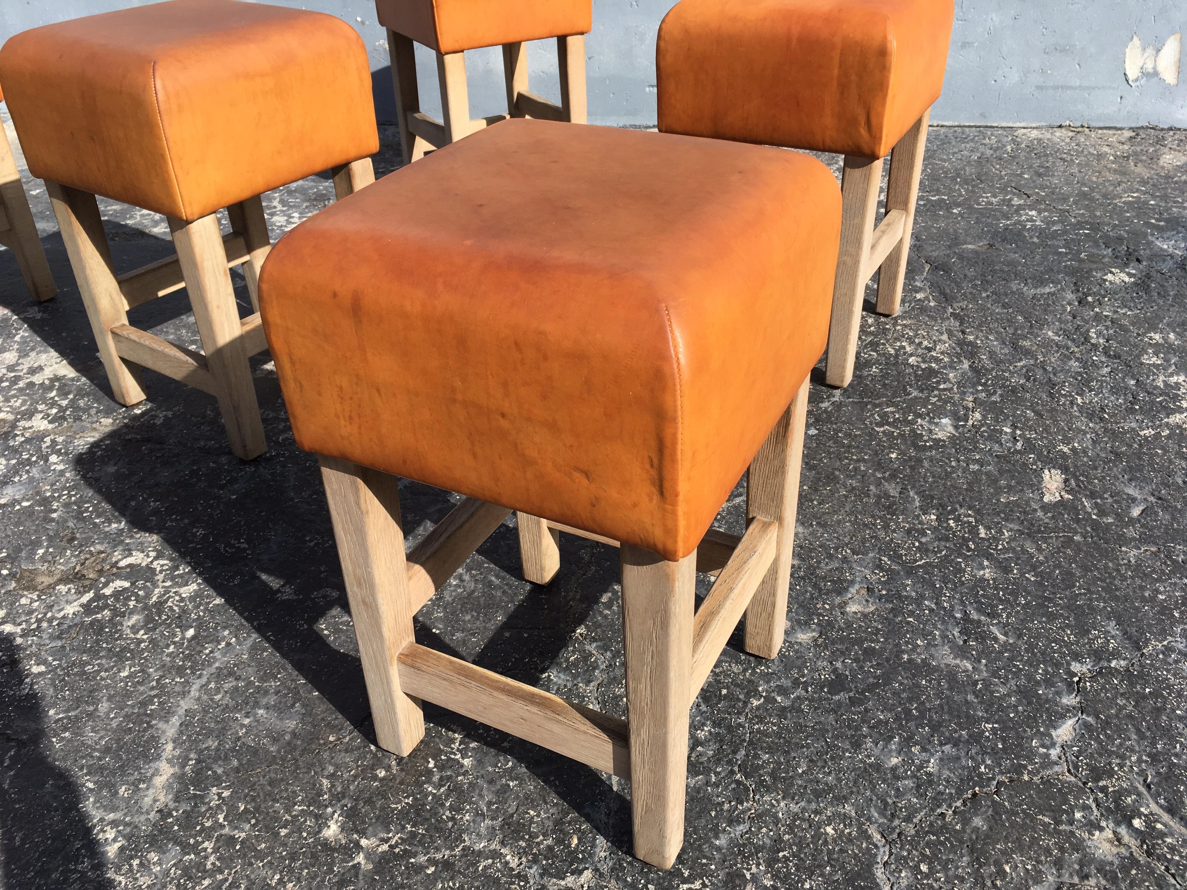 Oak and Cognac Saddle Leather Stools or Chairs in the Style of Jean-Michel Frank 11