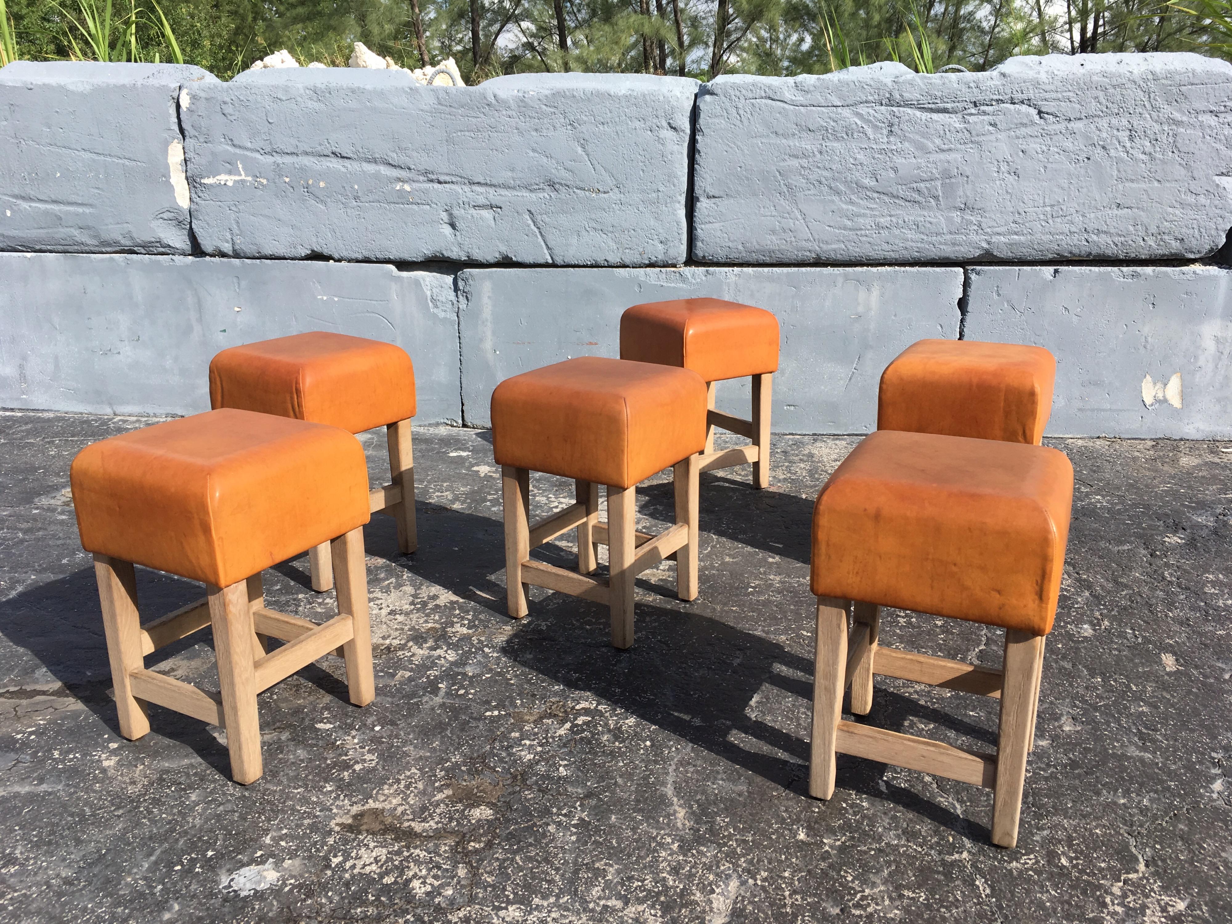 Oak and Cognac Saddle Leather Stools or Chairs in the Style of Jean-Michel Frank 12