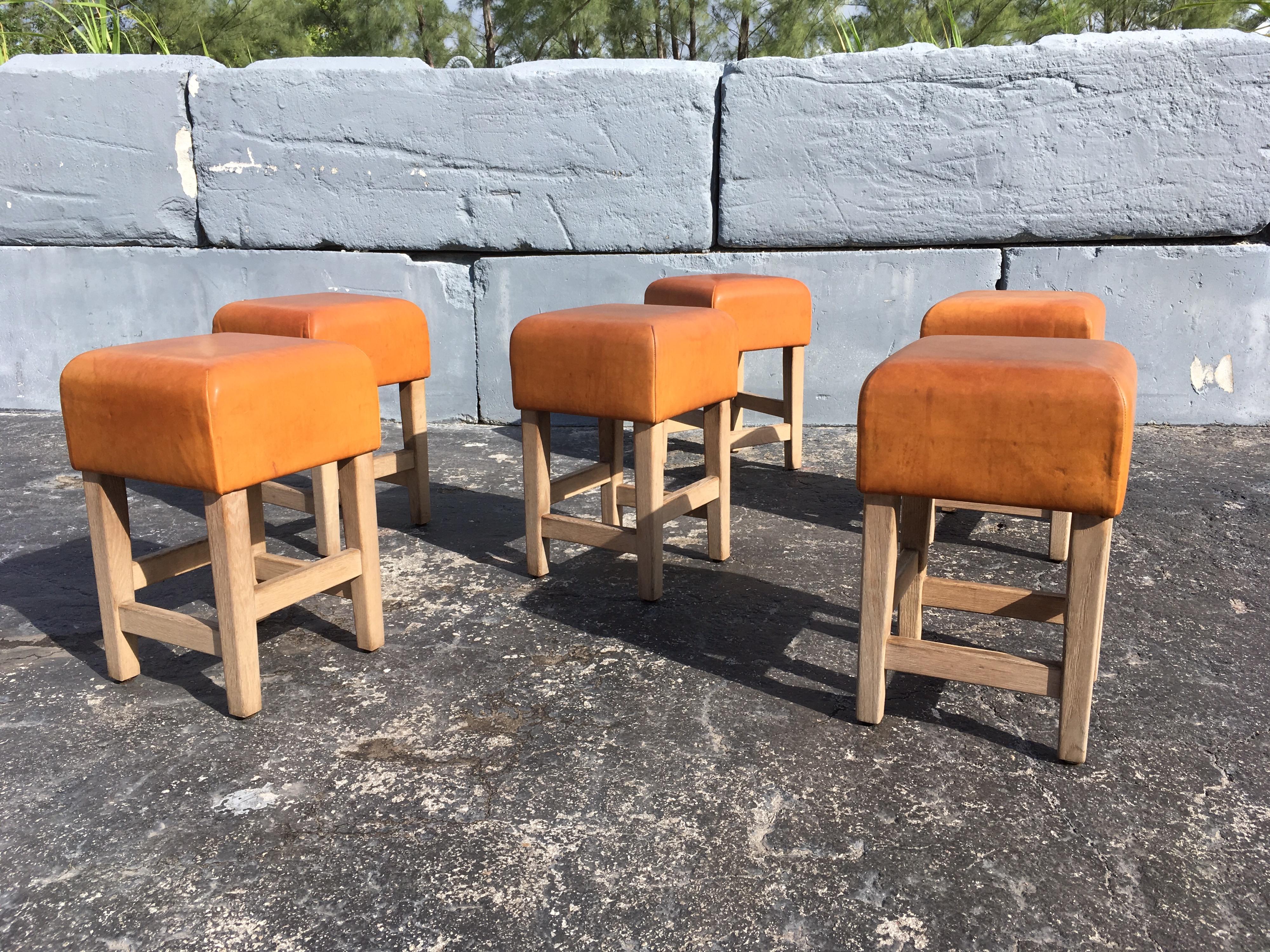 Oak and Cognac Saddle Leather Stools or Chairs in the Style of Jean-Michel Frank 13
