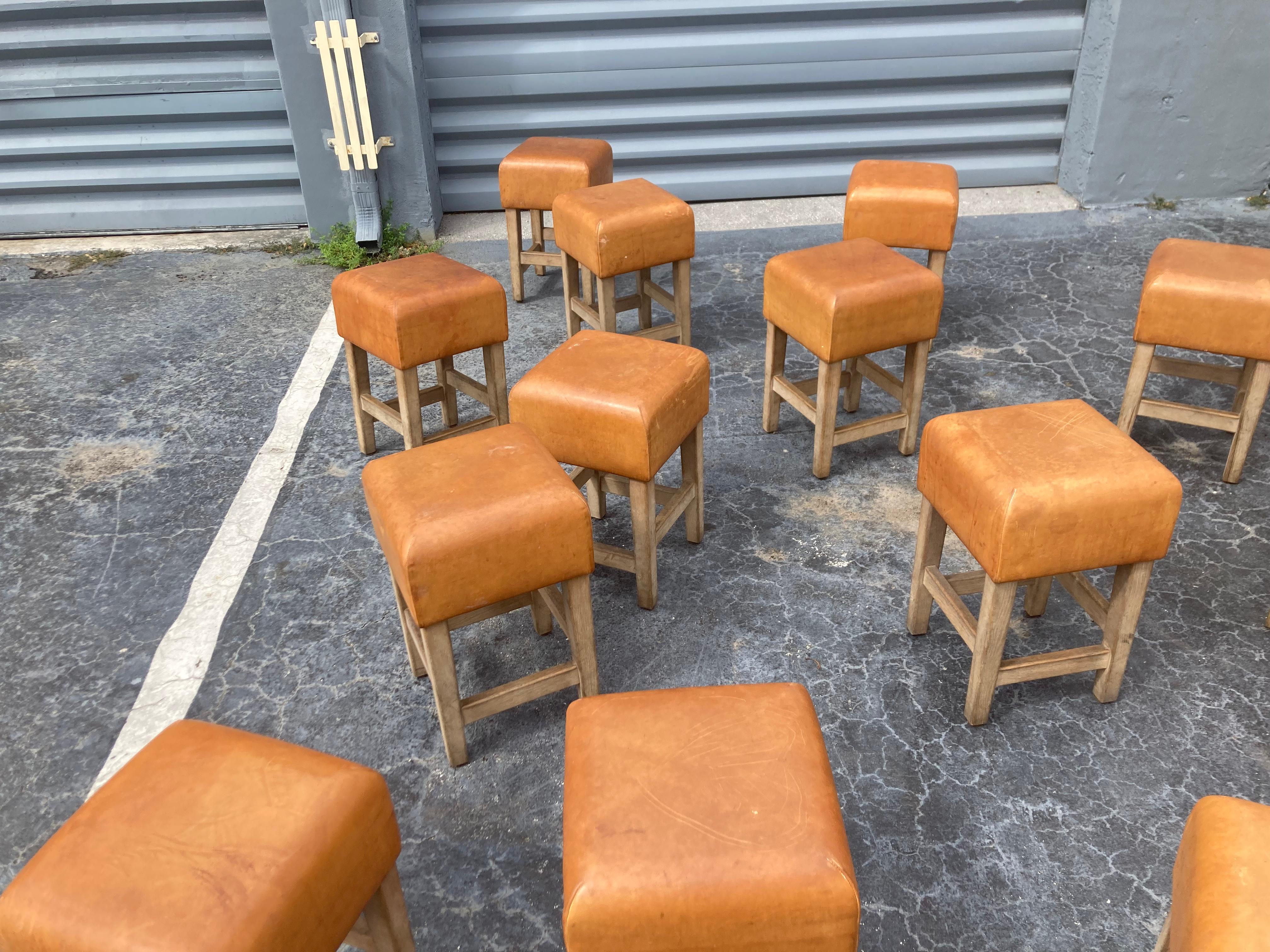 Modern Oak and Cognac Leather Stools or Chairs in the Style of Jean-Michel Frank