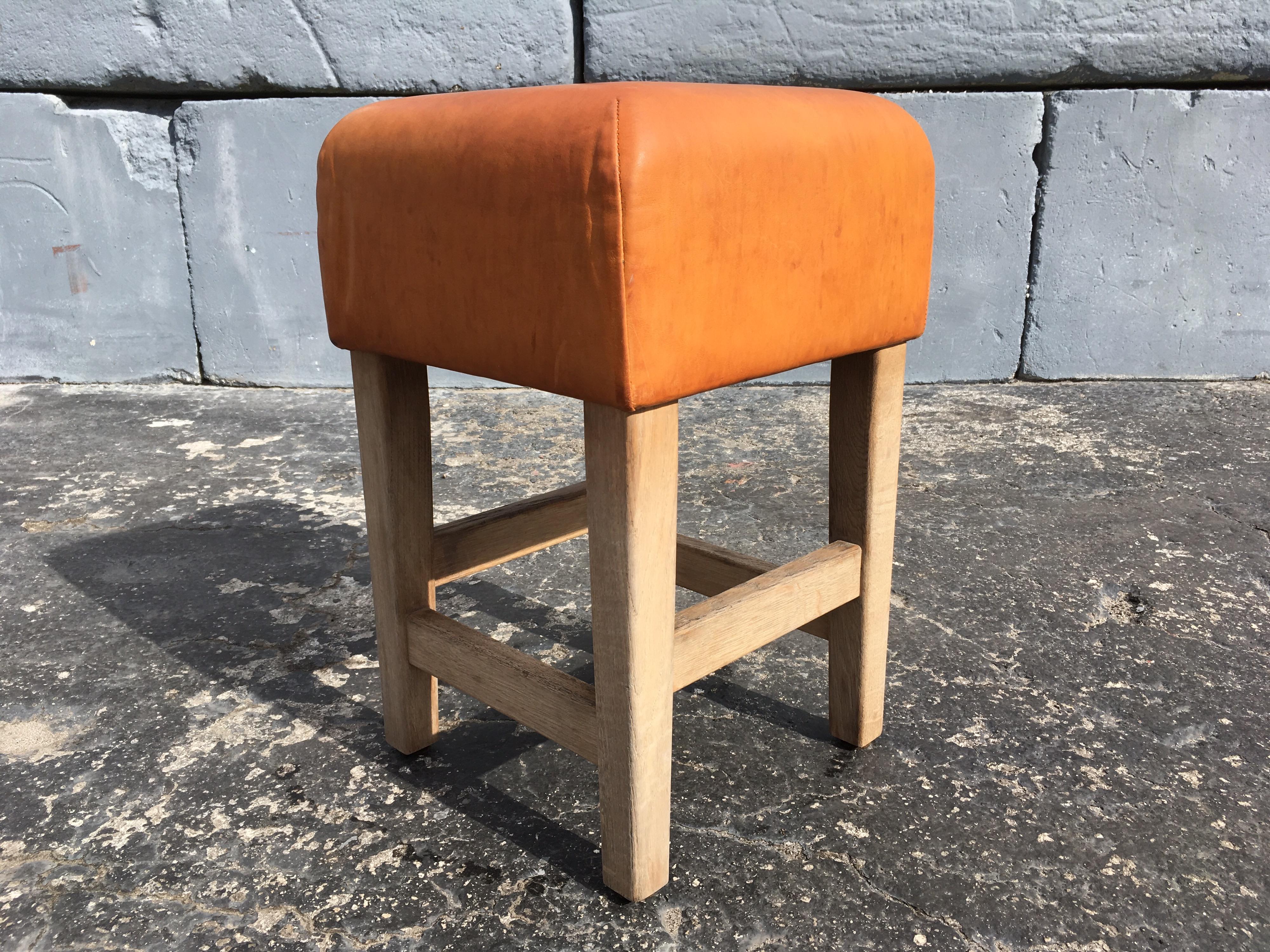Modern Oak and Cognac Saddle Leather Stools or Chairs in the Style of Jean-Michel Frank