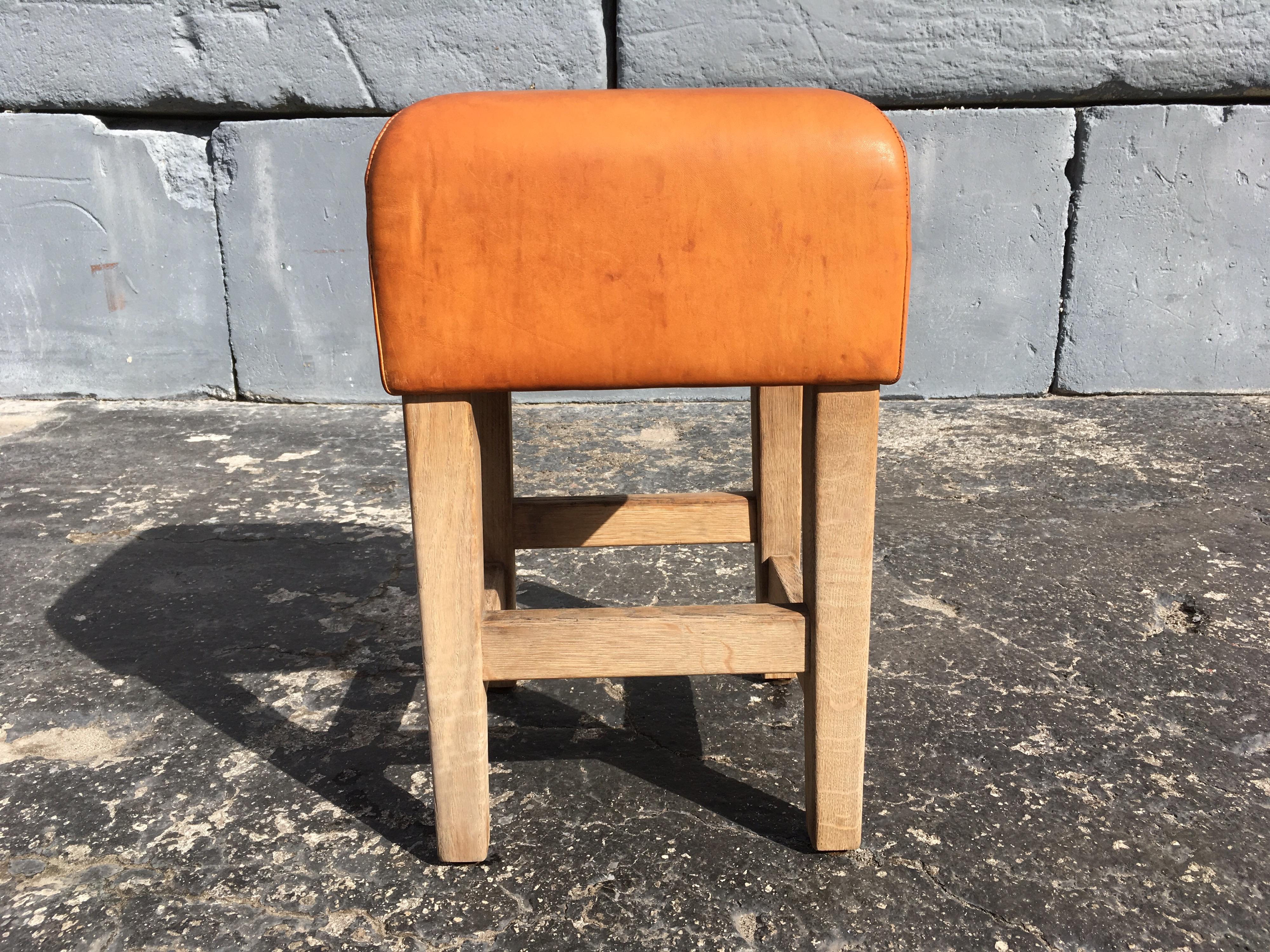 Italian Oak and Cognac Saddle Leather Stools or Chairs in the Style of Jean-Michel Frank