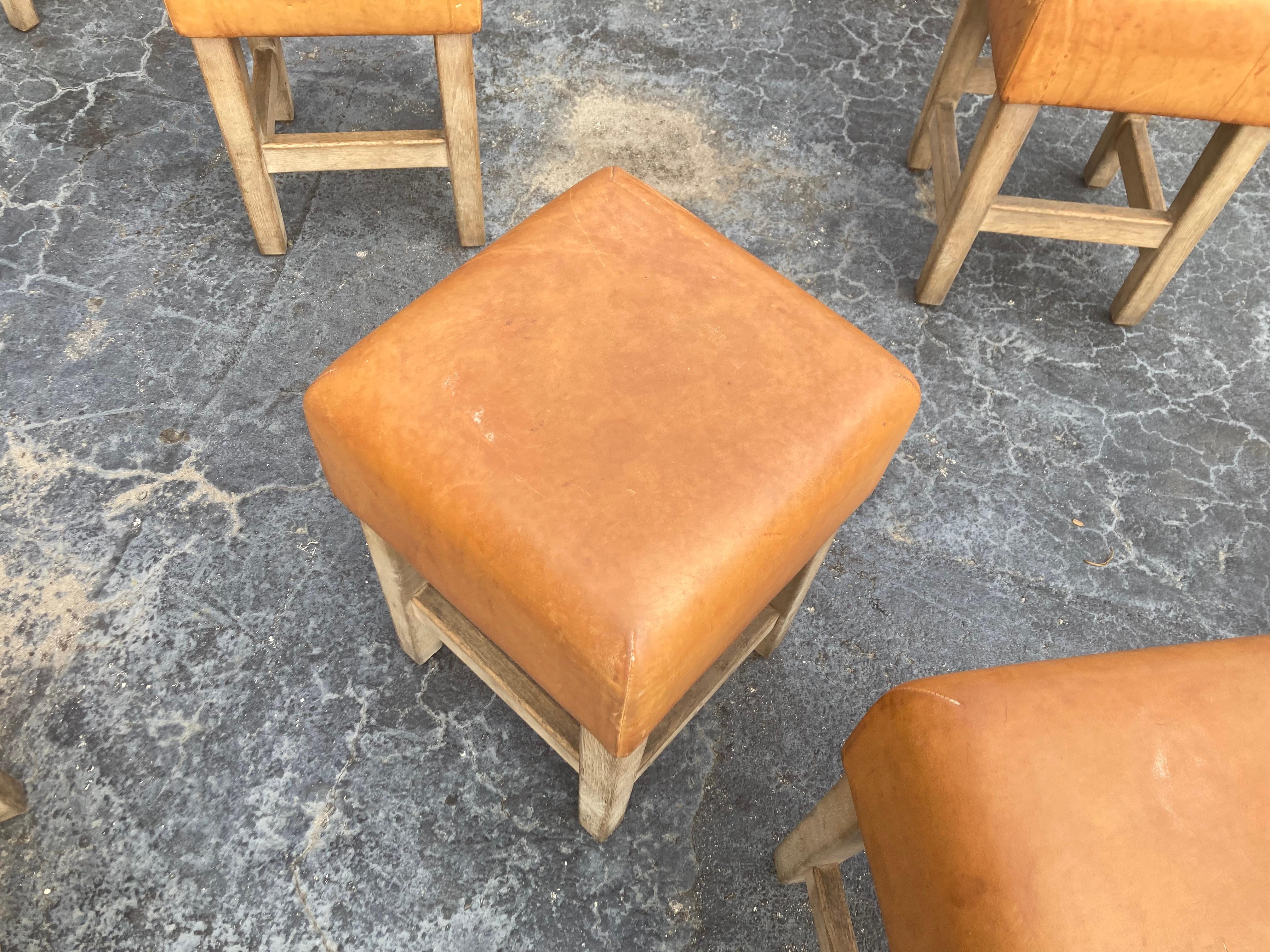 Oak and Cognac Leather Stools or Chairs in the Style of Jean-Michel Frank In Distressed Condition In Miami, FL