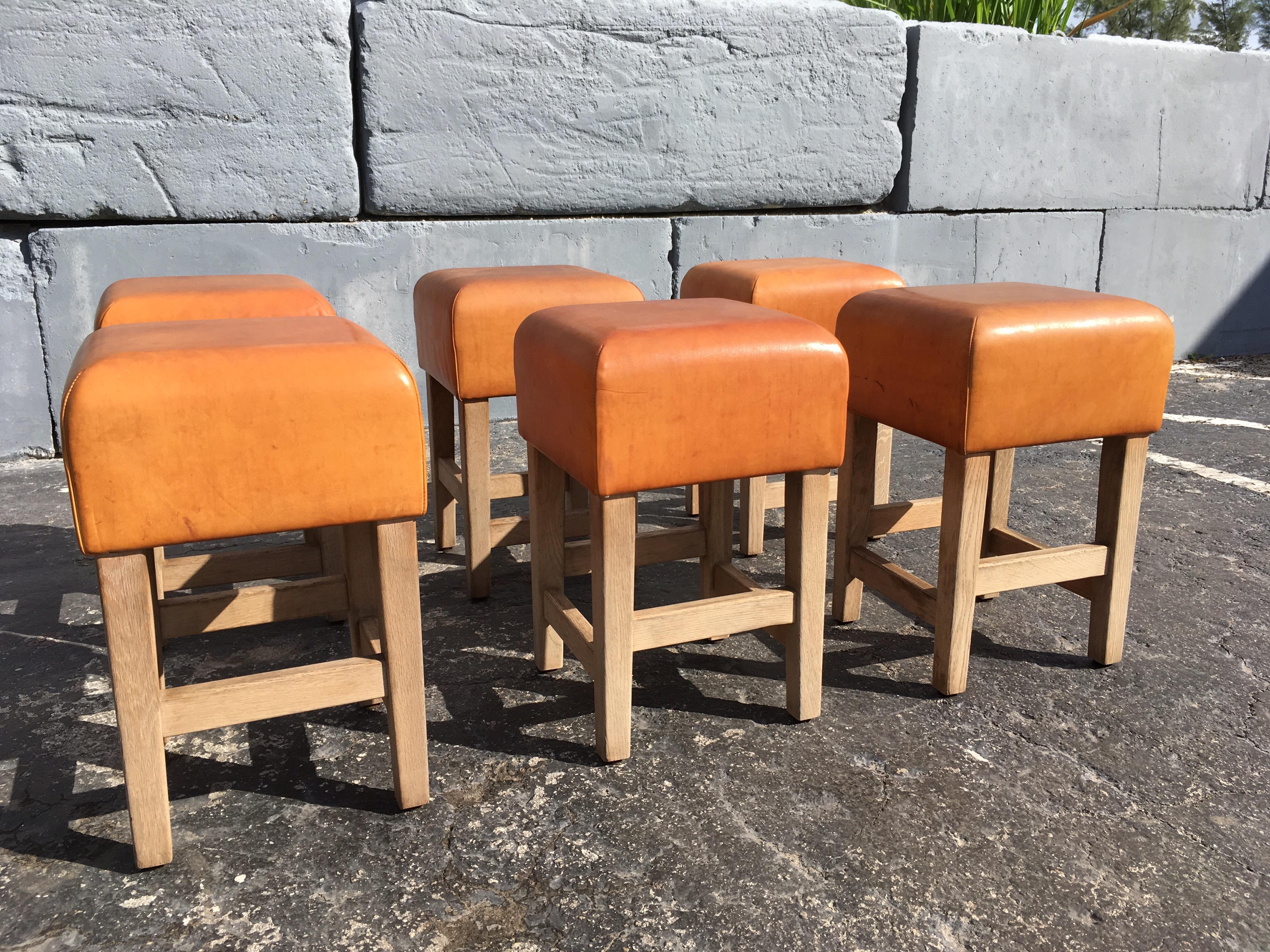 Oak and Cognac Saddle Leather Stools or Chairs in the Style of Jean-Michel Frank In Good Condition In Miami, FL