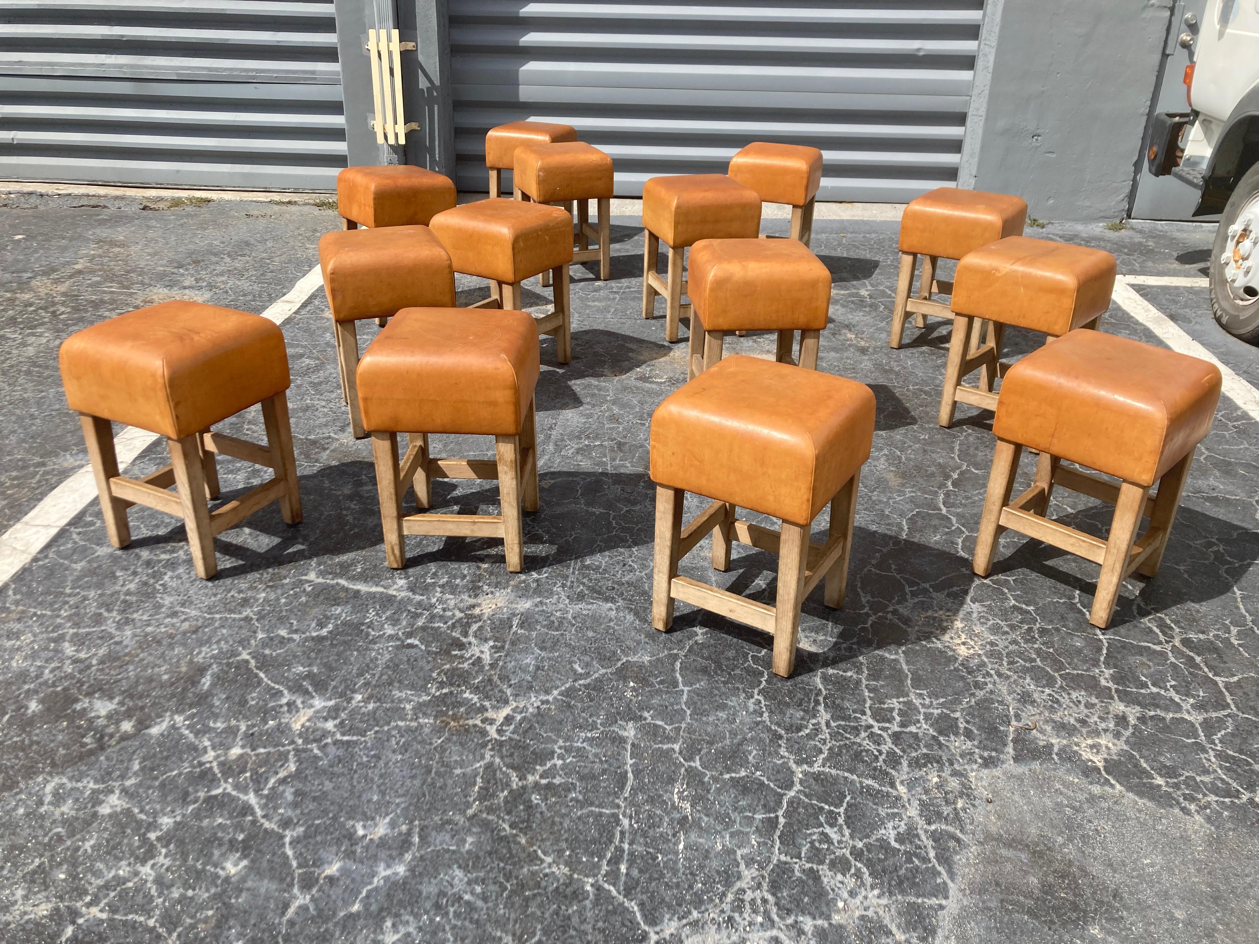 Late 20th Century Oak and Cognac Leather Stools or Chairs in the Style of Jean-Michel Frank