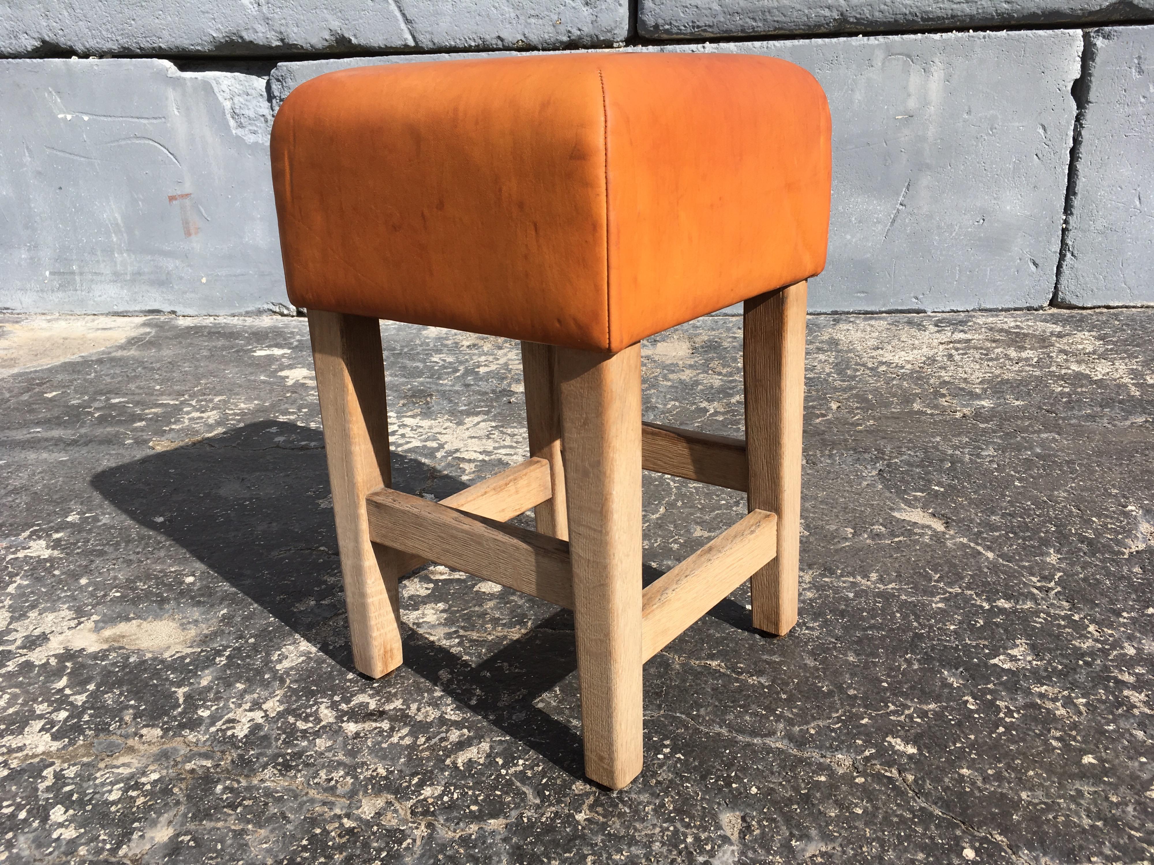Late 20th Century Oak and Cognac Saddle Leather Stools or Chairs in the Style of Jean-Michel Frank