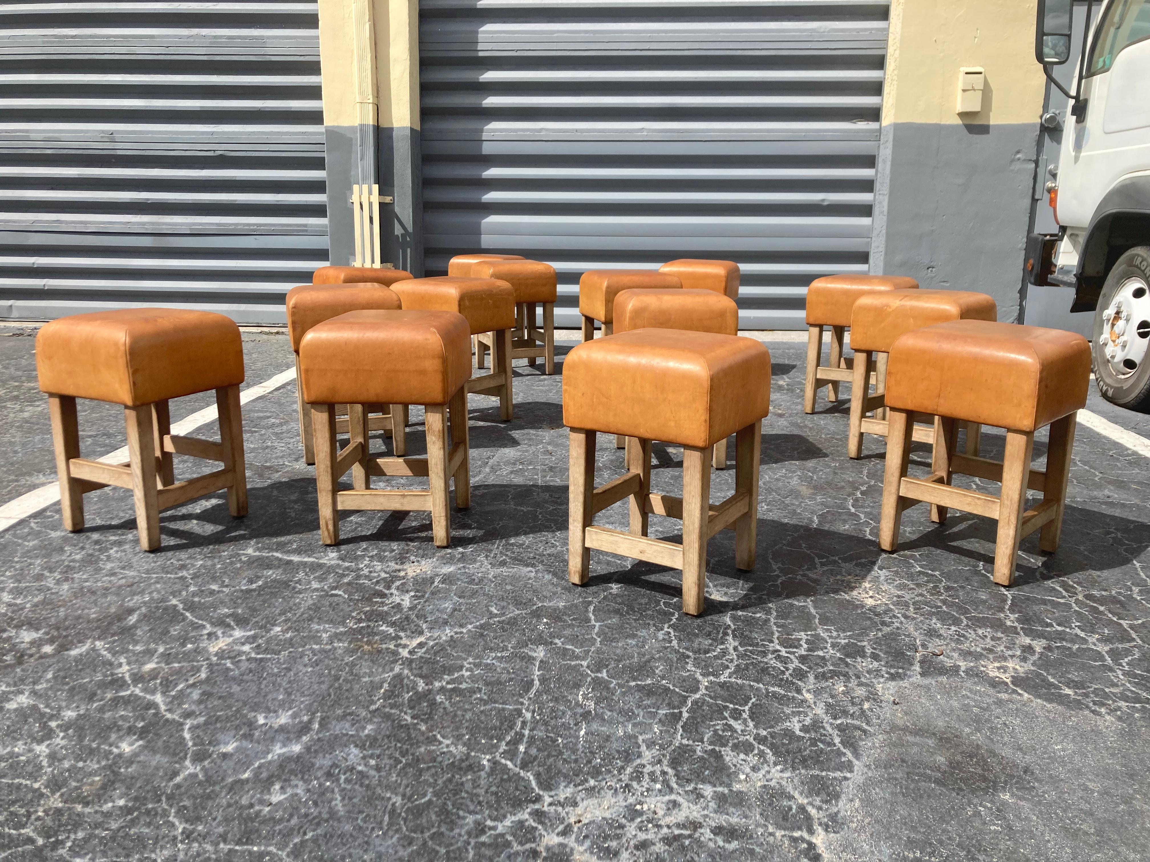 Oak and Cognac Leather Stools or Chairs in the Style of Jean-Michel Frank 1