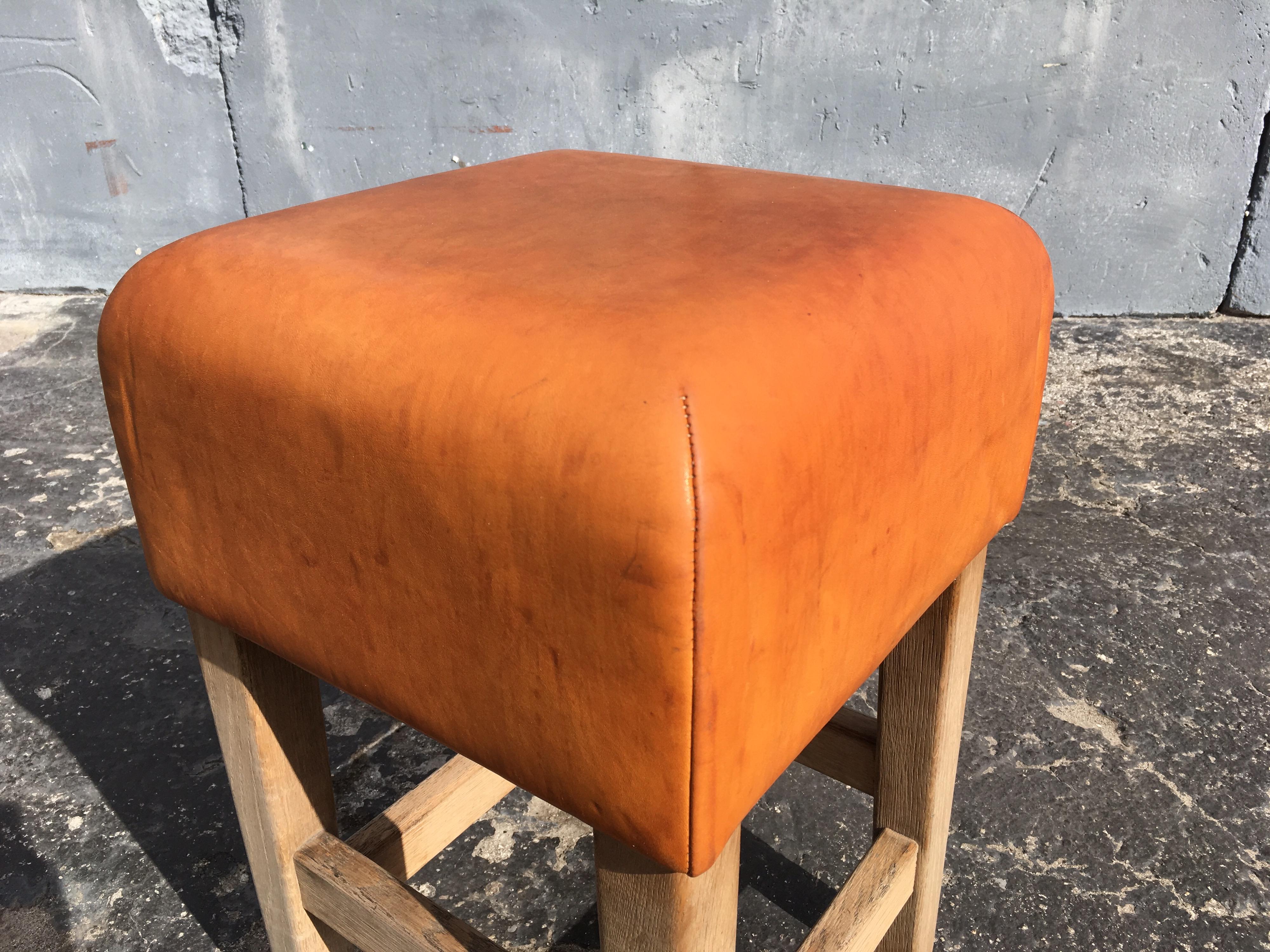 Oak and Cognac Saddle Leather Stools or Chairs in the Style of Jean-Michel Frank 1
