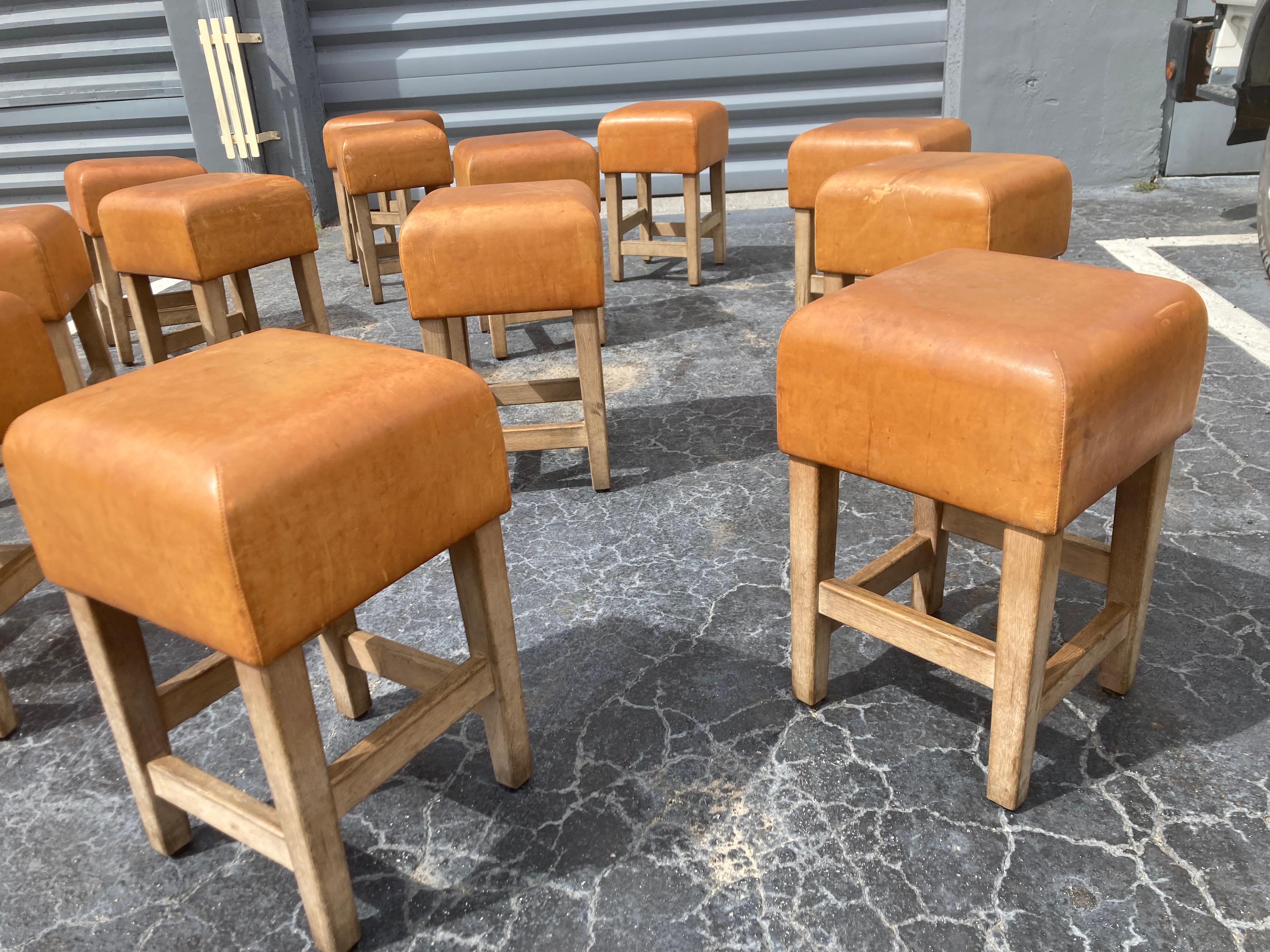 Oak and Cognac Leather Stools or Chairs in the Style of Jean-Michel Frank 2