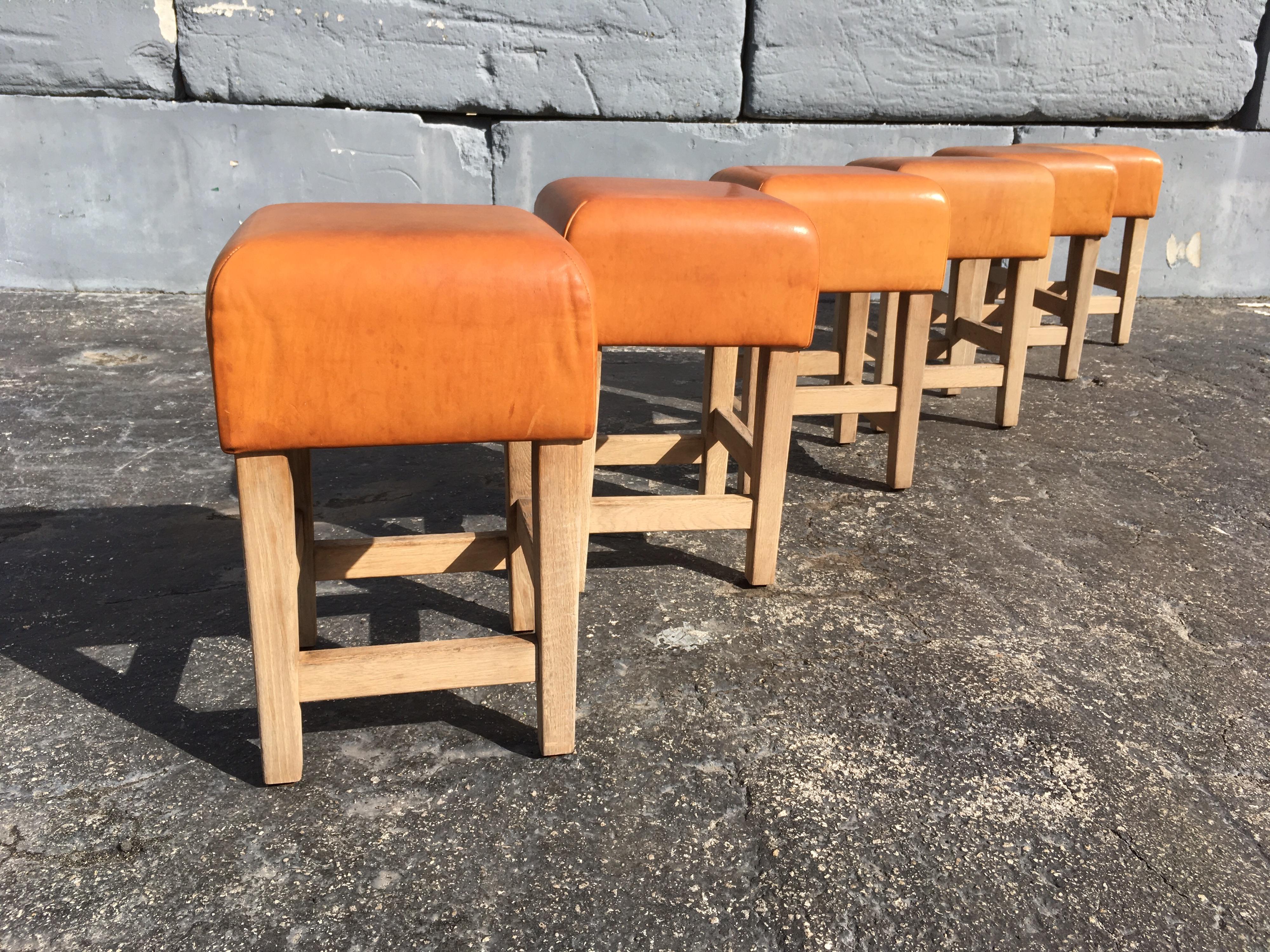 Oak and Cognac Saddle Leather Stools or Chairs in the Style of Jean-Michel Frank 2