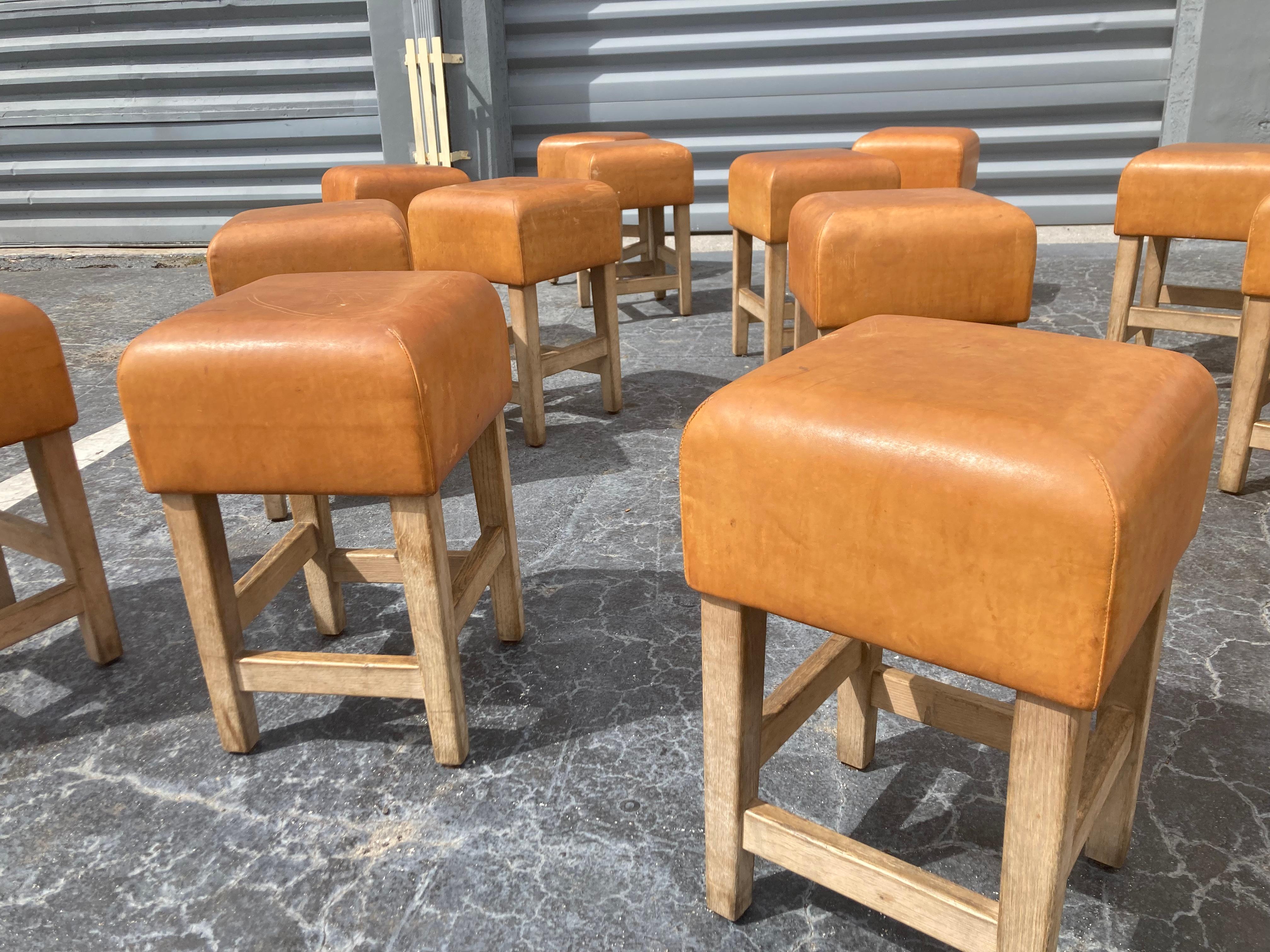 Oak and Cognac Leather Stools or Chairs in the Style of Jean-Michel Frank 3
