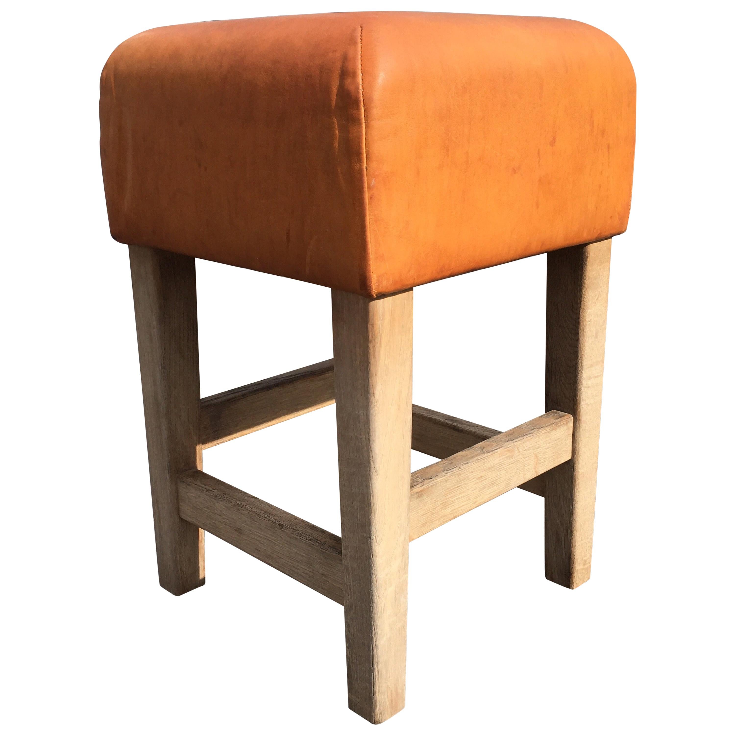 Oak and Cognac Leather Stools or Chairs in the Style of Jean-Michel Frank