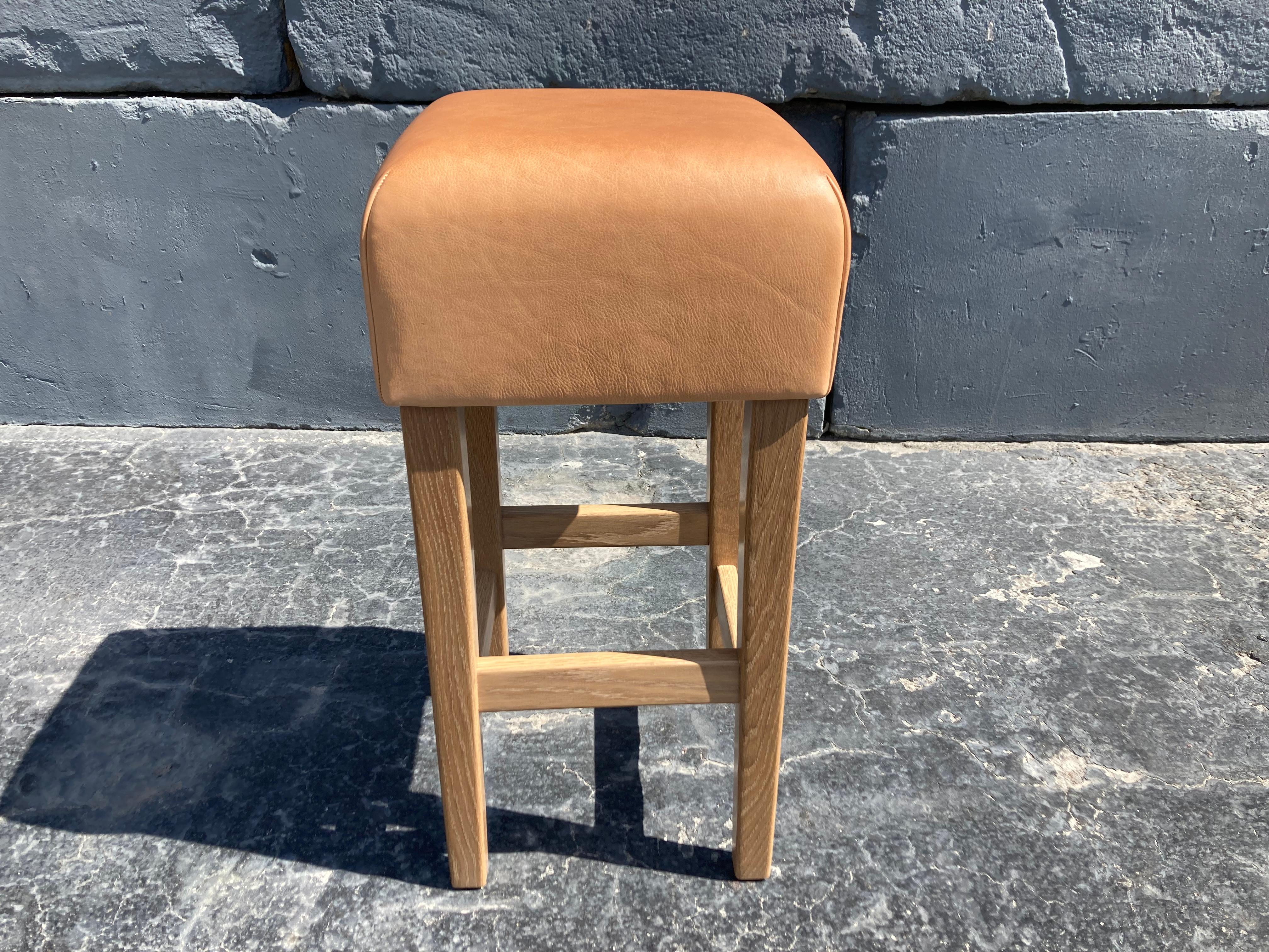 Oak and Cognac Saddle Leather Bar Stool in the Style of Jean-Michel Frank For Sale 1