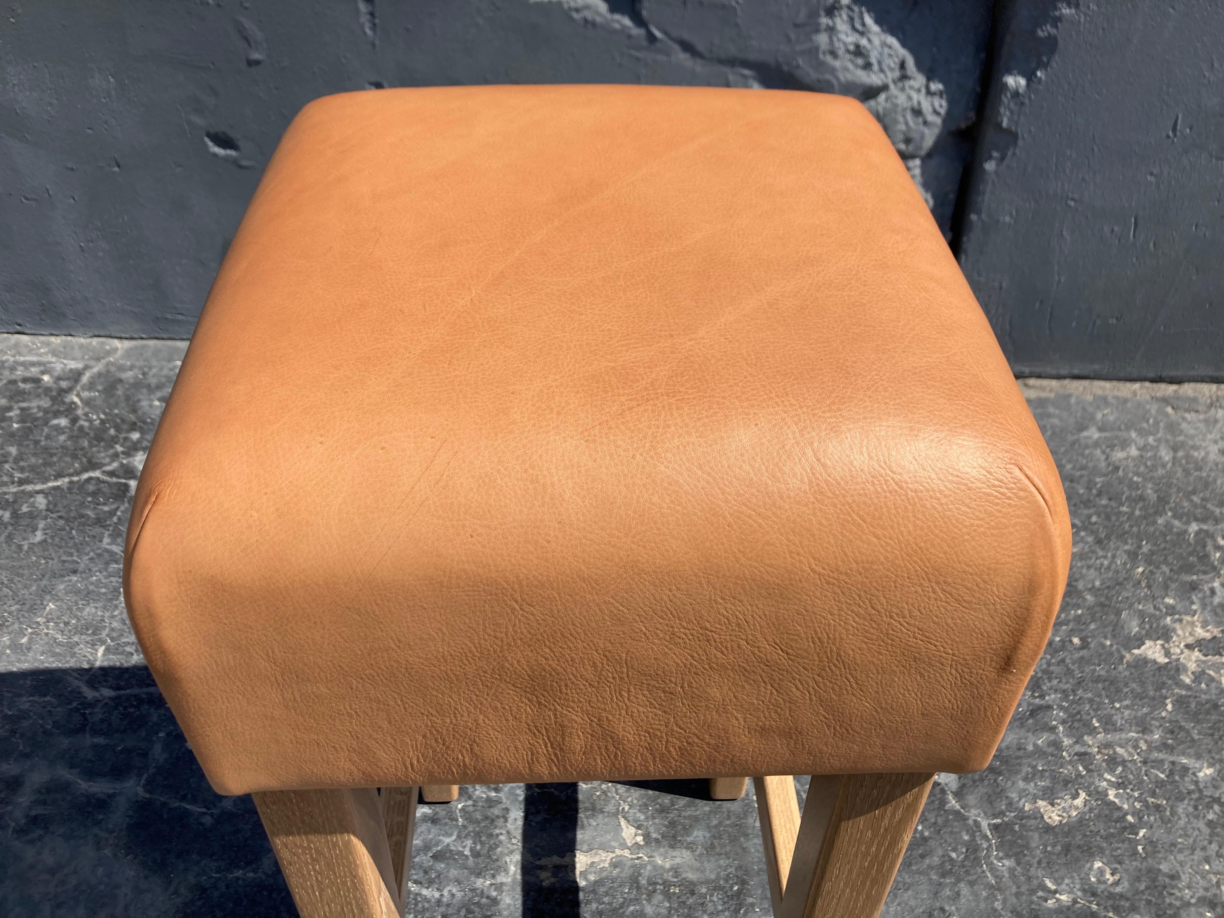 Oak and Cognac Saddle Leather Bar Stool in the Style of Jean-Michel Frank For Sale 2