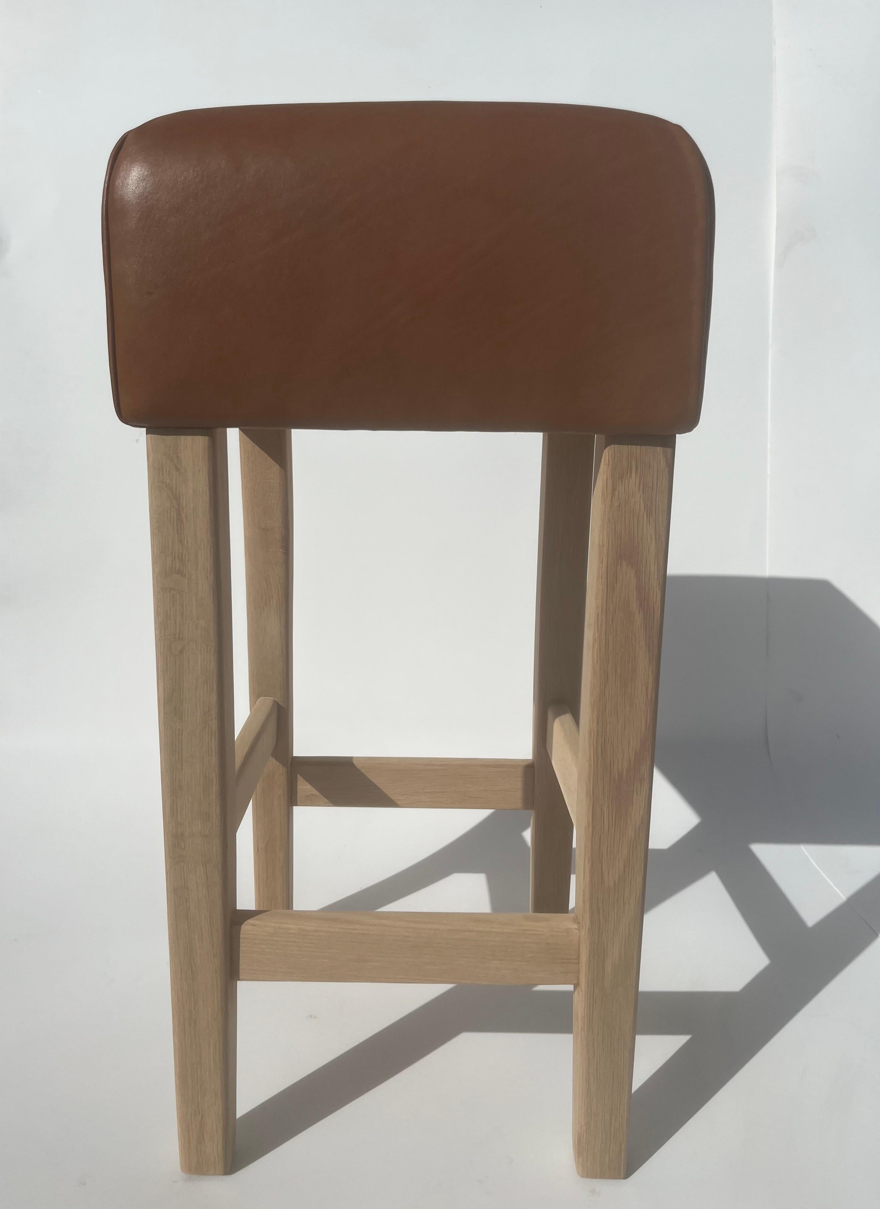Oak and Cognac Saddle Leather Bar Stool in the Style of Jean-Michel Frank For Sale 6