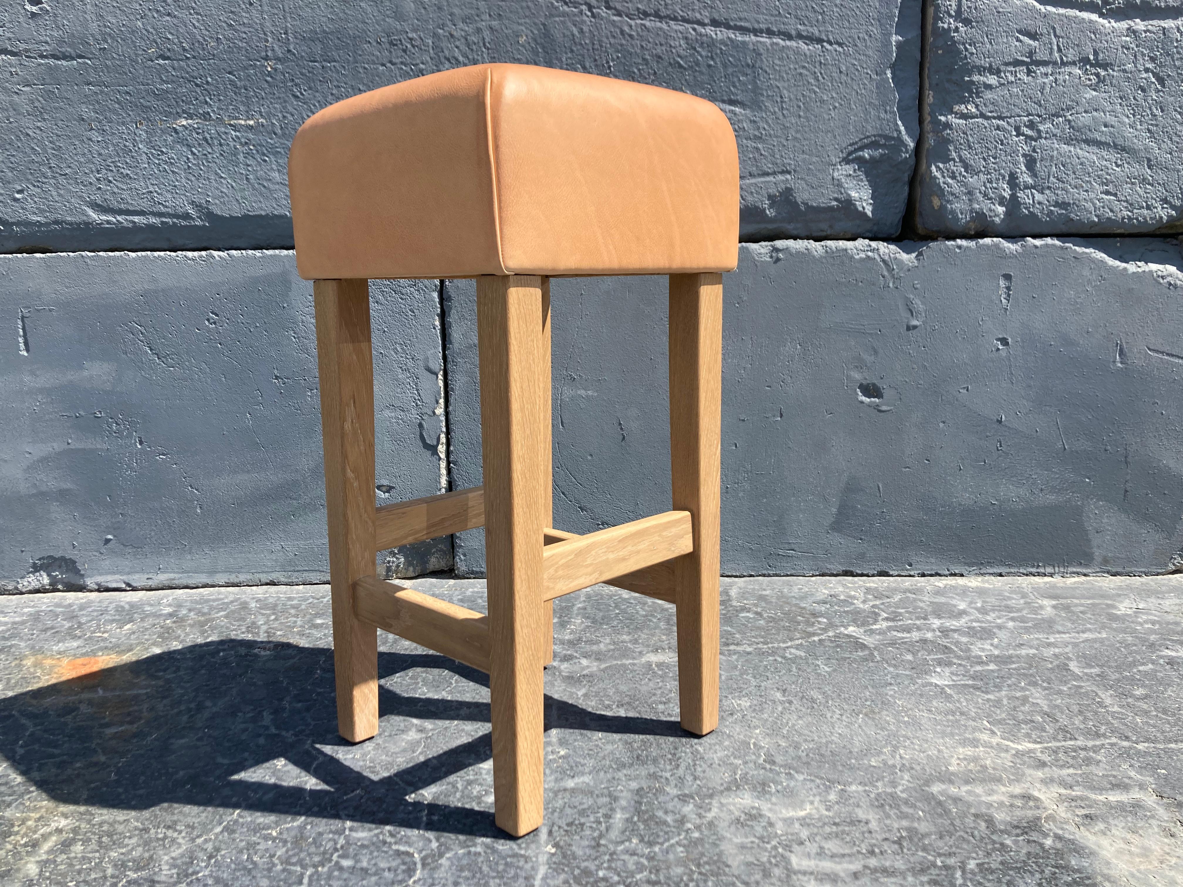 Oak and Cognac Saddle Leather Bar Stool in the Style of Jean-Michel Frank For Sale 4