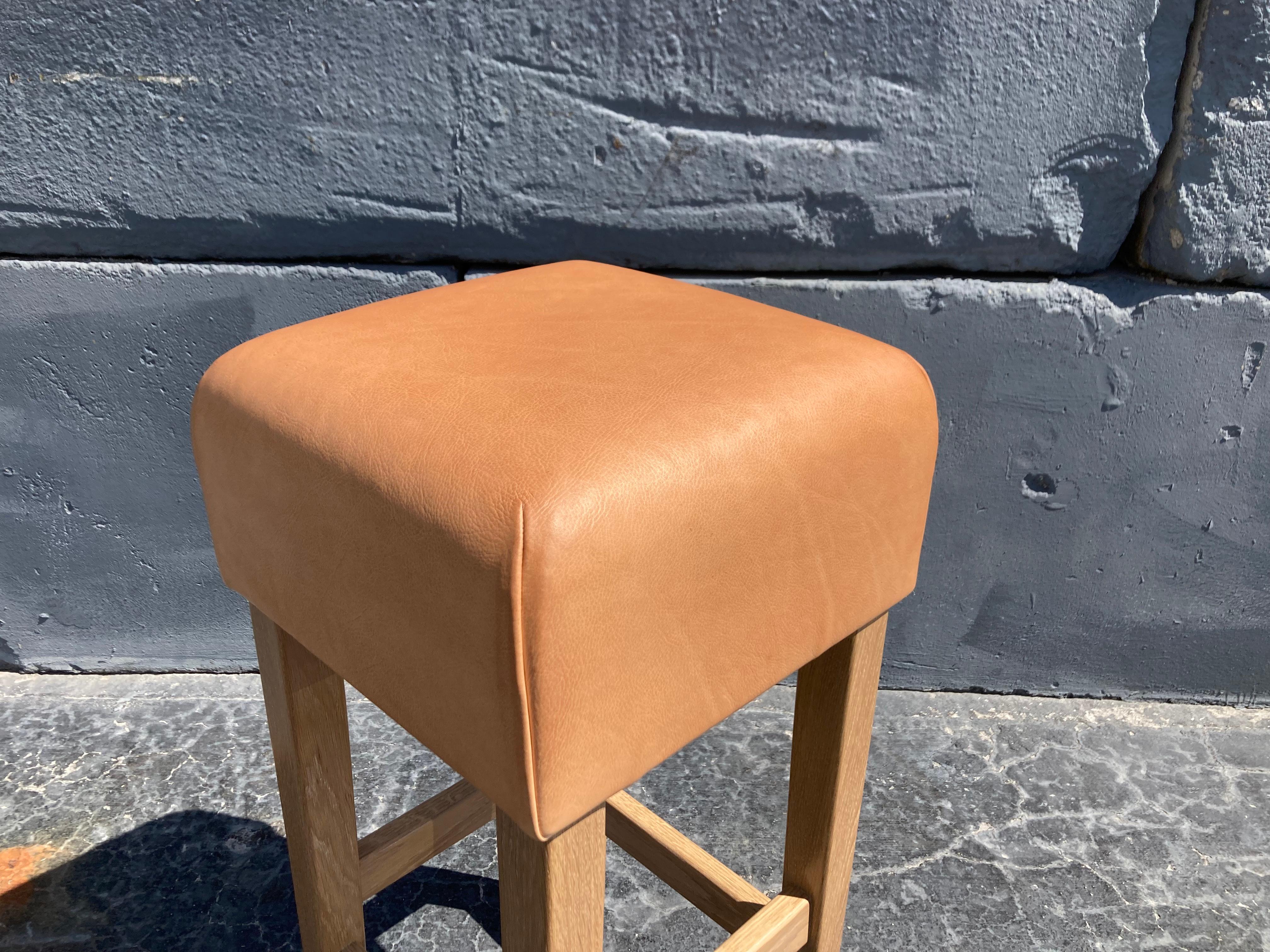 Oak and Cognac Saddle Leather Bar Stool in the Style of Jean-Michel Frank For Sale 5