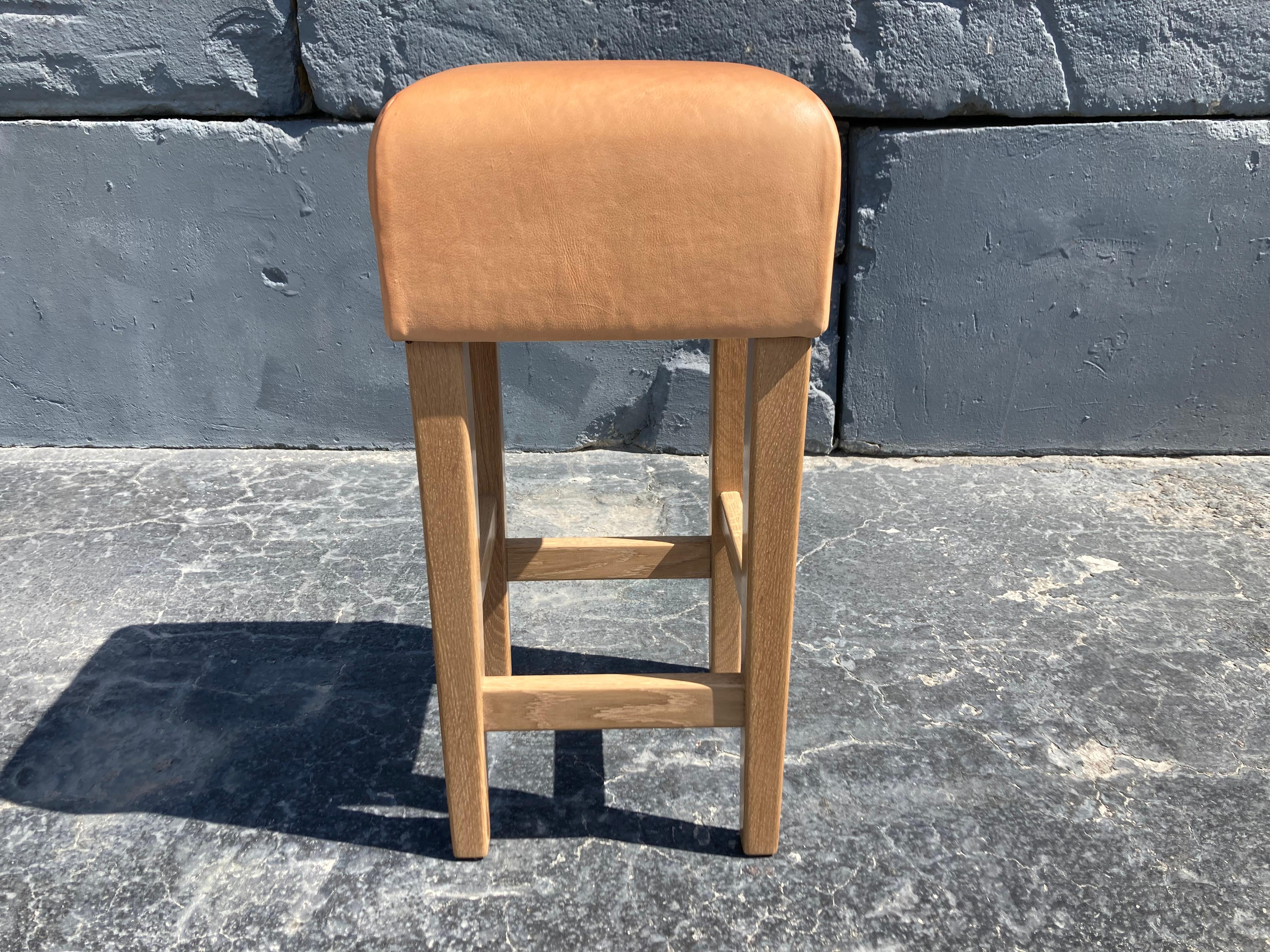 Oak and Cognac Saddle Leather Bar Stool in the Style of Jean-Michel Frank For Sale 6